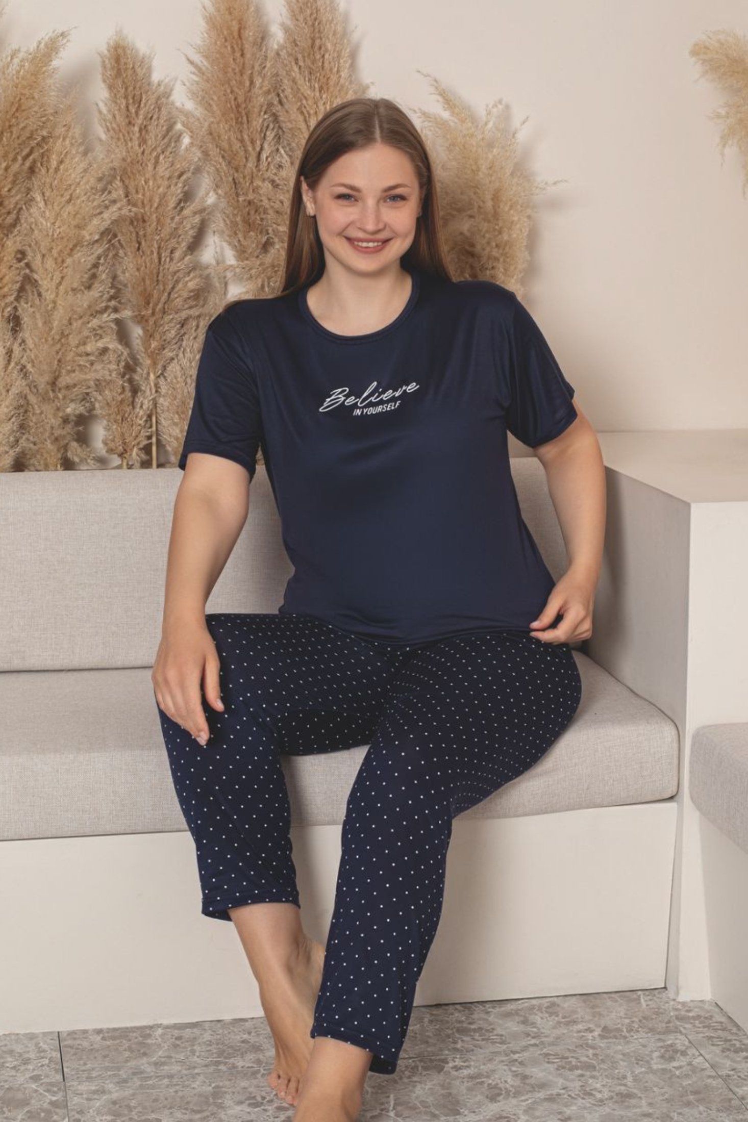 Büyük Beden Milan Bambu Kısa Kollu Likralı Penye Pijama Takımı - Lacivert