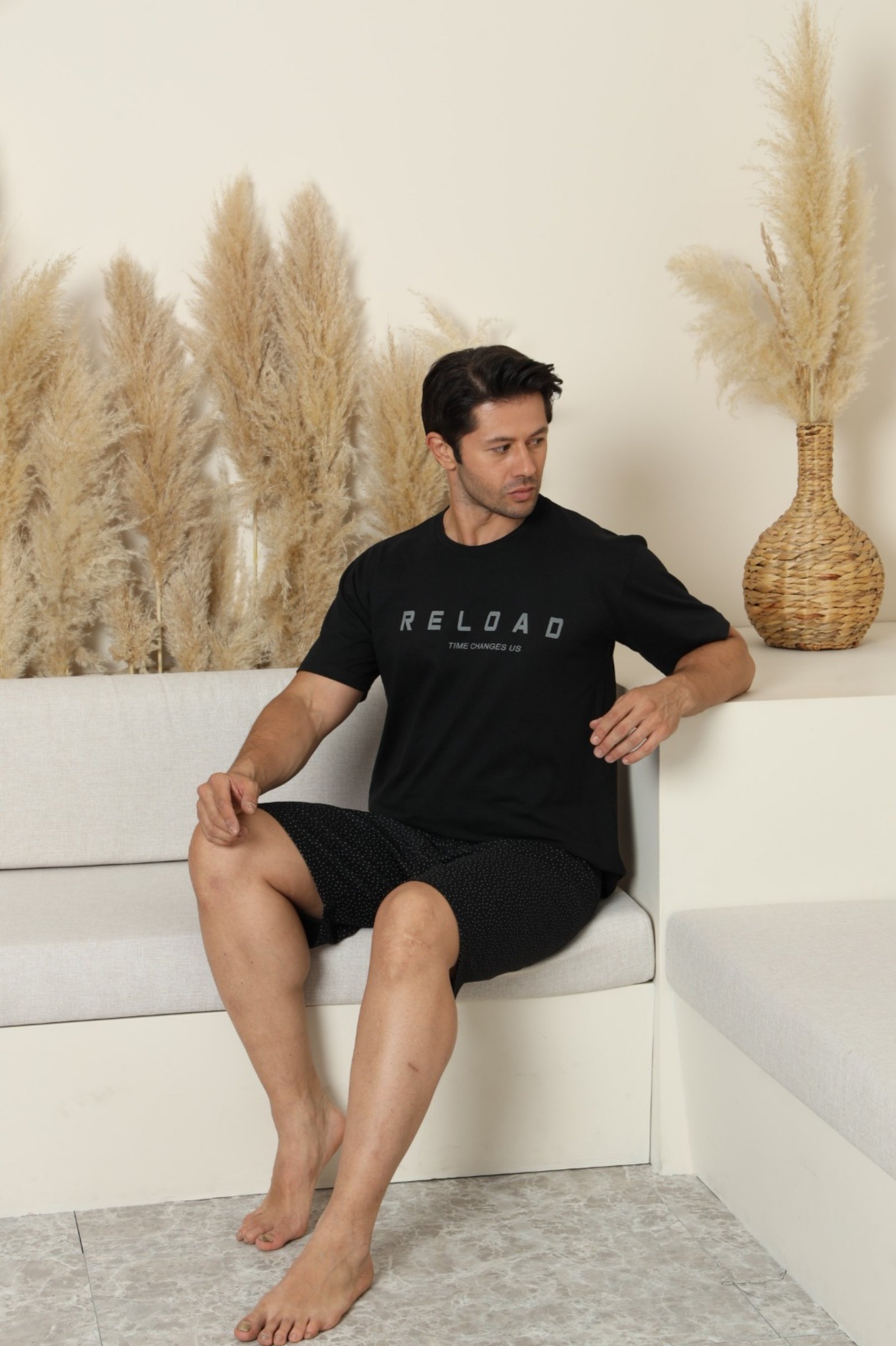 Dreamy Pamuklu Cepli Desenli Kısa Kollu Şortlu Erkek Pijama Takımı - Siyah