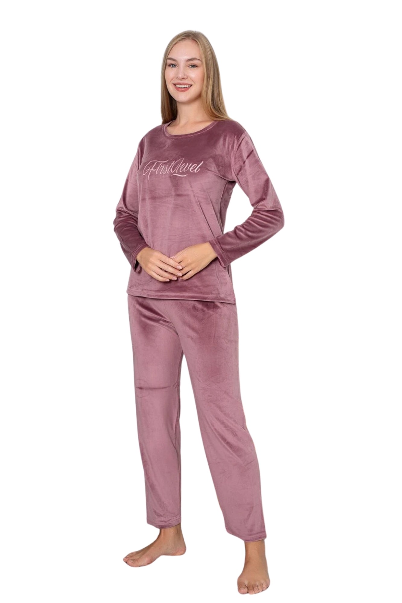 Luxury Velvet Fransız Kadife Yazı Detaylı Pijama Takımı - Pembe