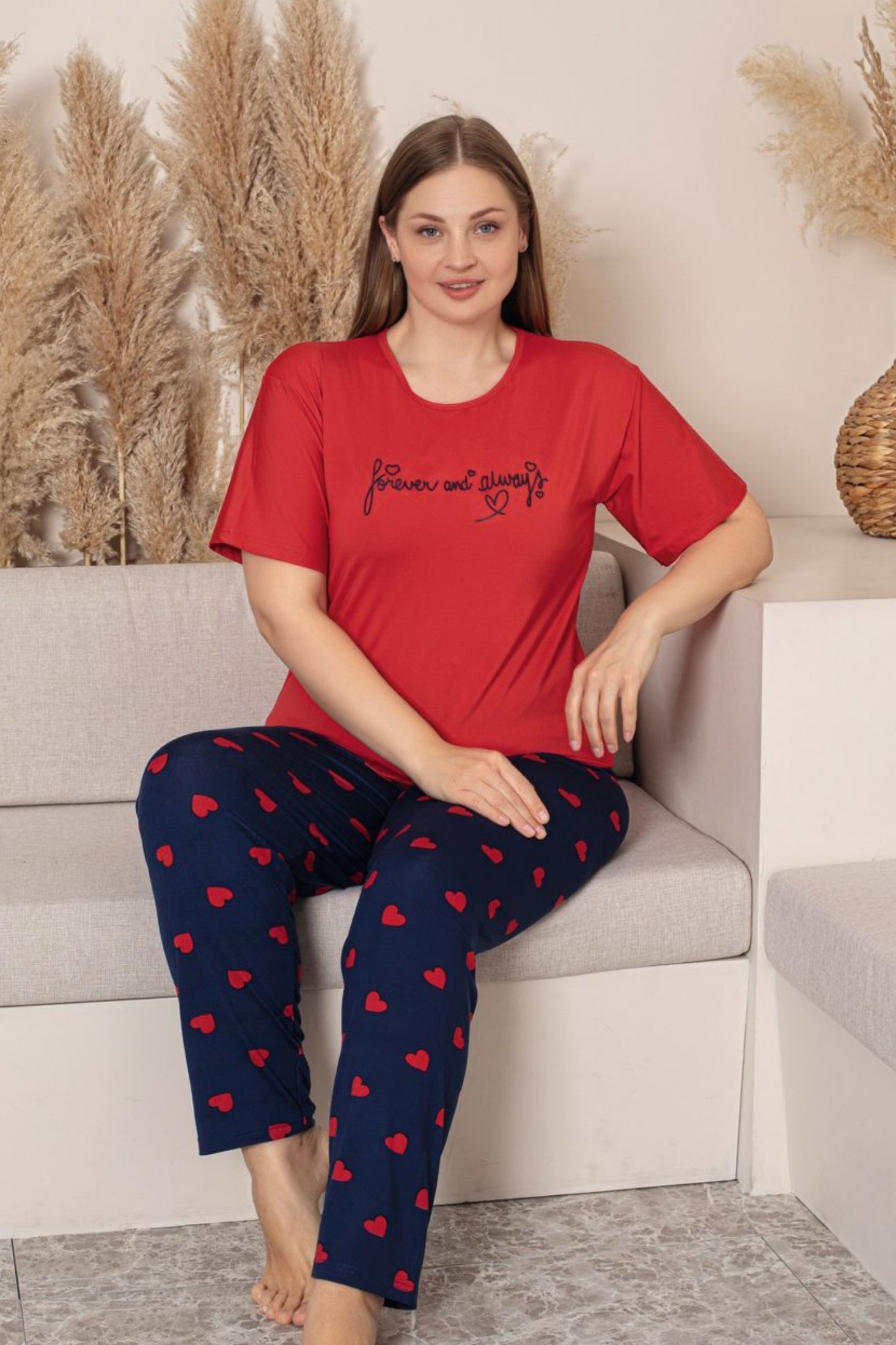 Büyük Beden Milan Bambu Kısa Kollu Likralı Penye Pijama Takımı - Kırmızı