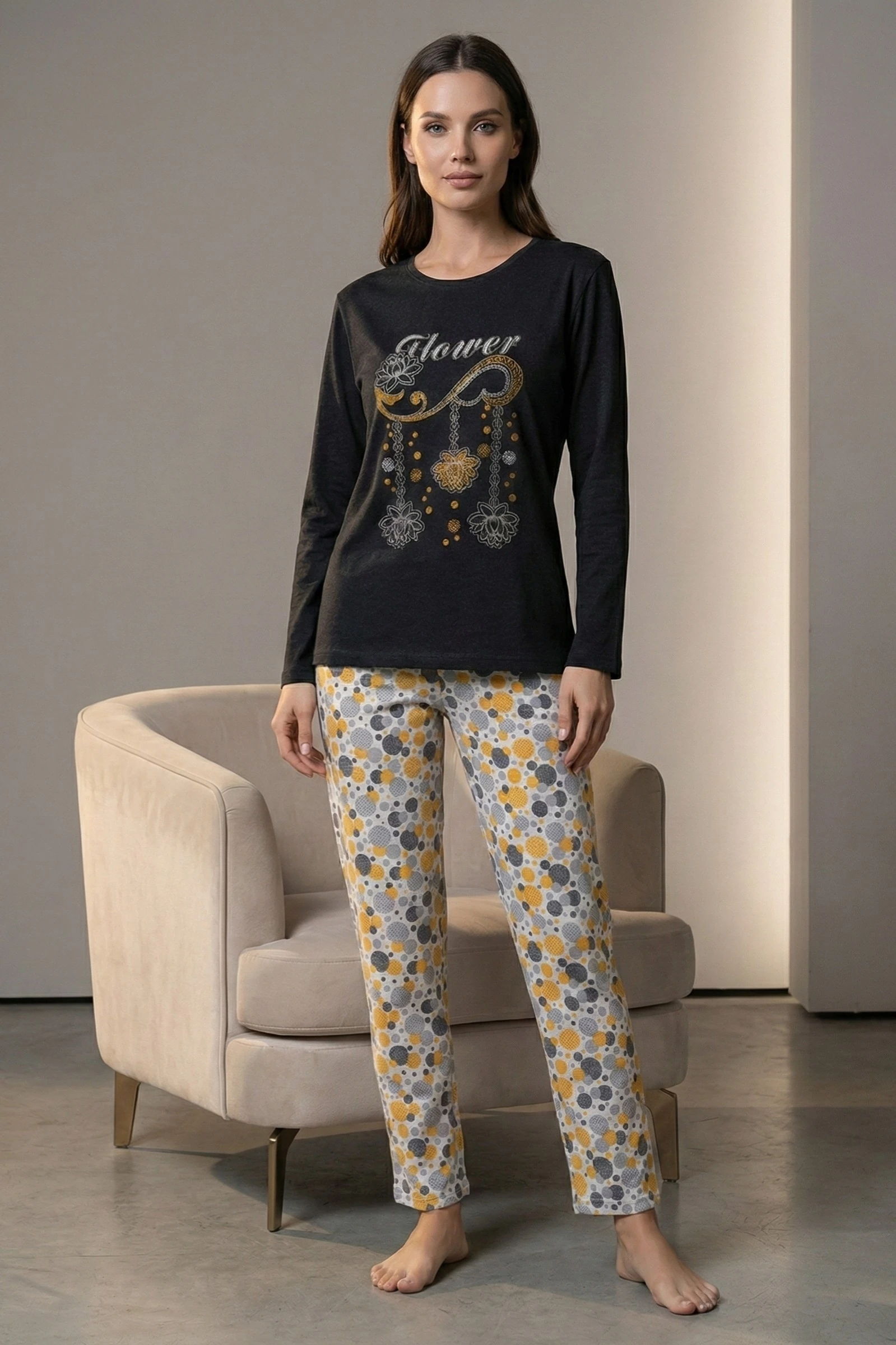 Dreamy Pamuklu Desenli 2 İplik Uzun Kollu Pijama Takımı - Siyah-Sarı