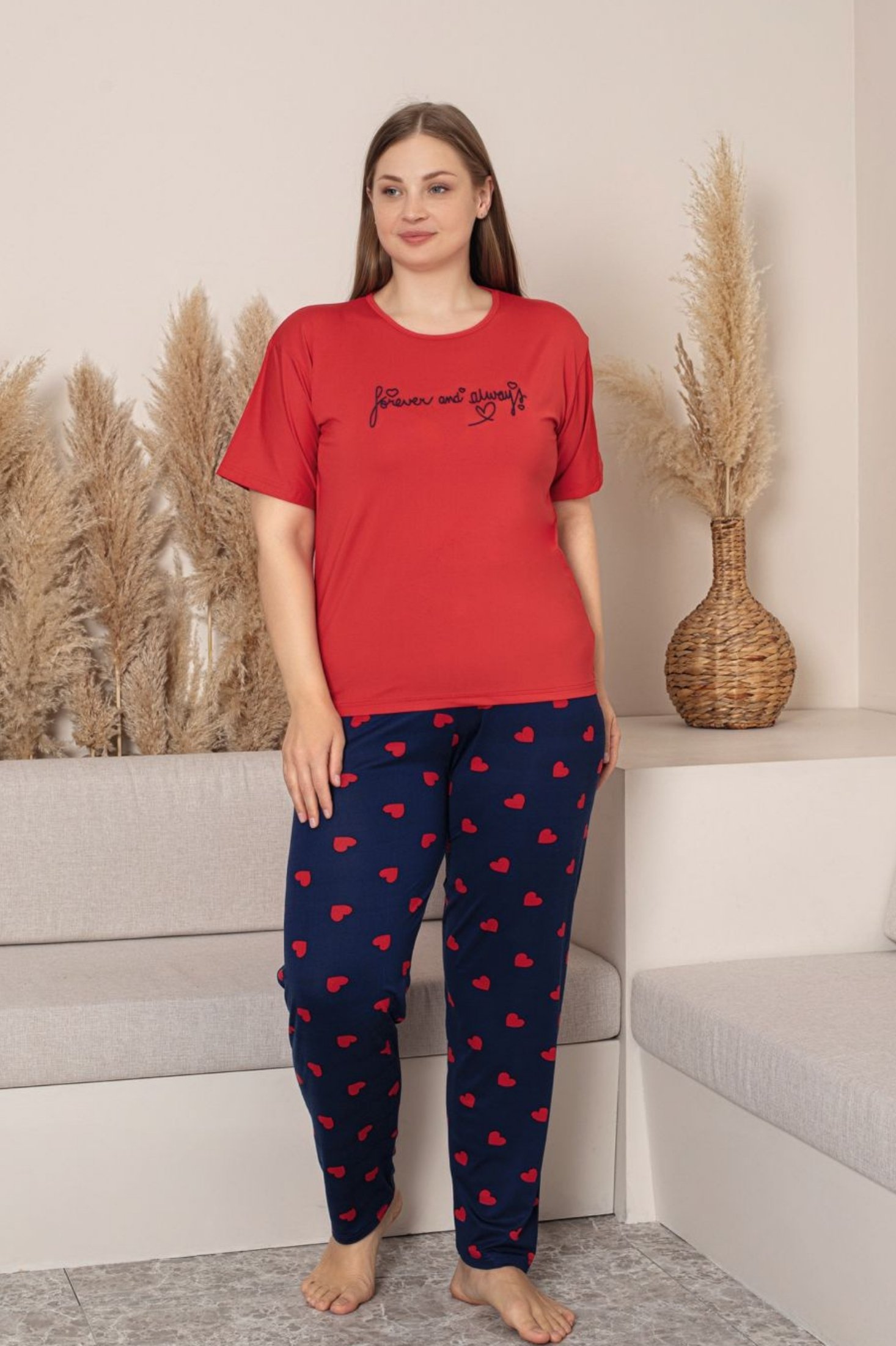 Büyük Beden Milan Bambu Kısa Kollu Likralı Penye Pijama Takımı - Kırmızı