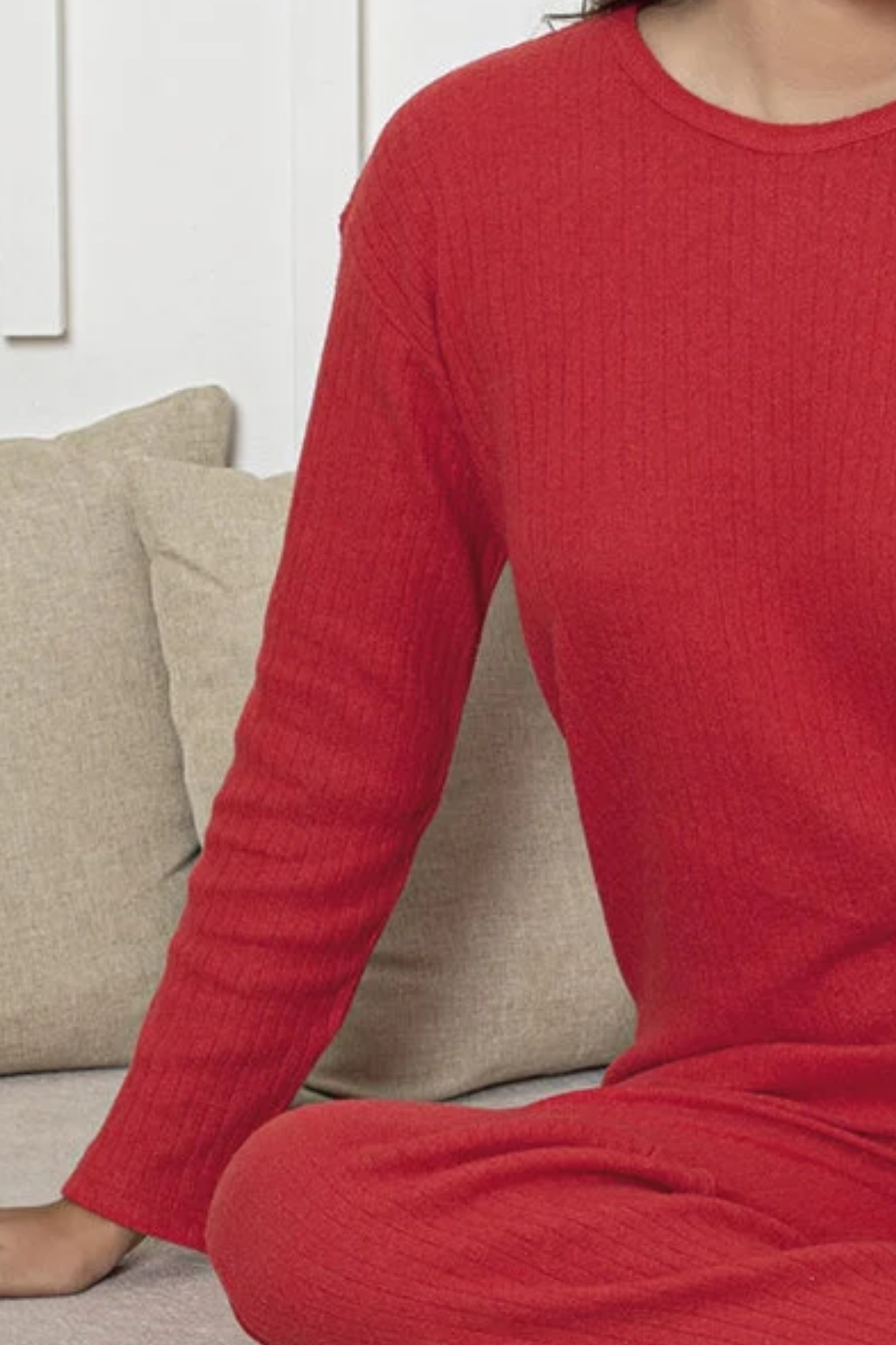 Pamuklu Kalın Kışlık İnterlok Şeritli Uzun Kollu Örme Pijama Takımı - Kırmızı