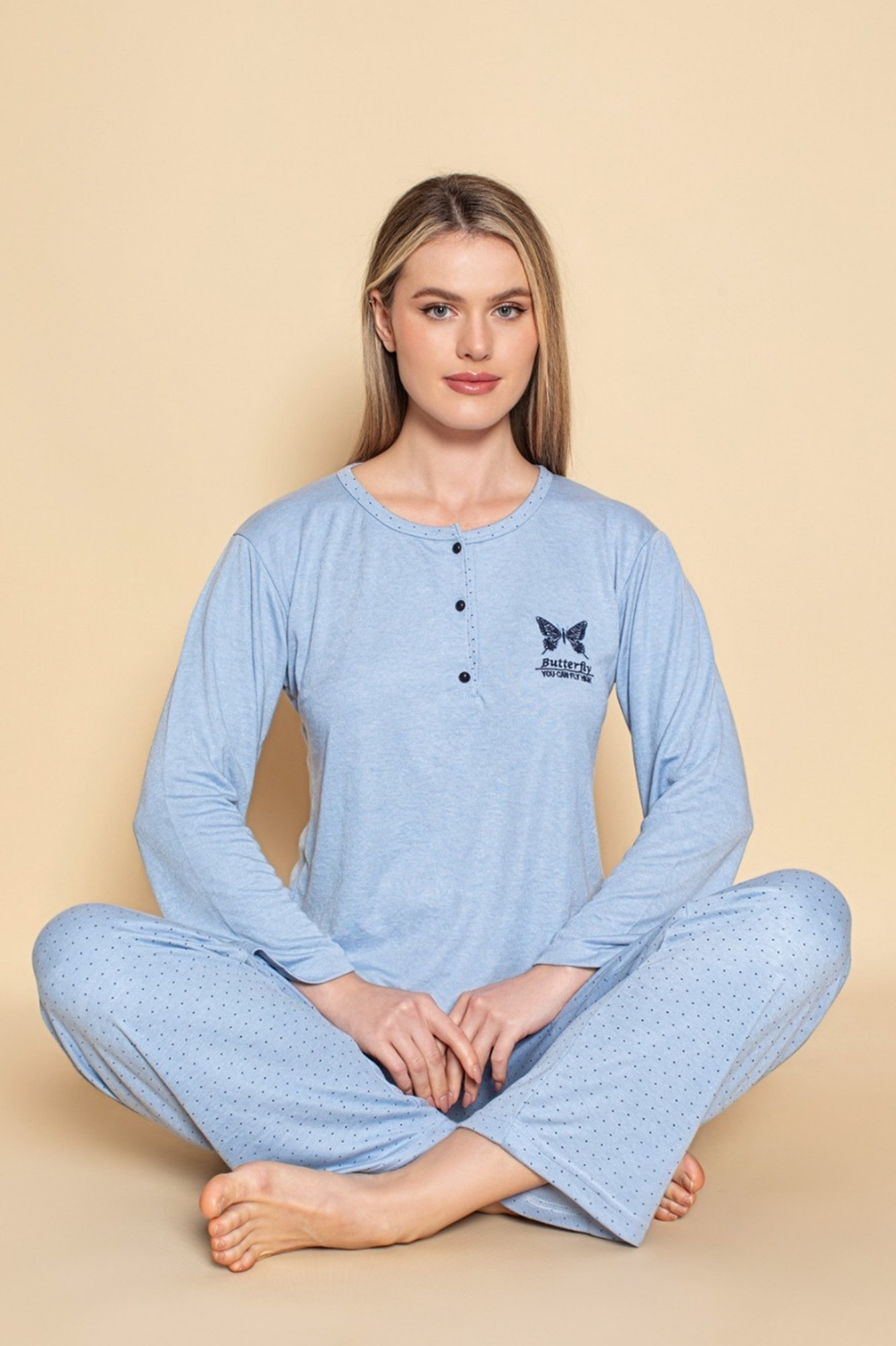 Dreamy Bambu Uzun Kollu Puantiyeli Düğmeli Yaka Pijama Takımı - Mavi