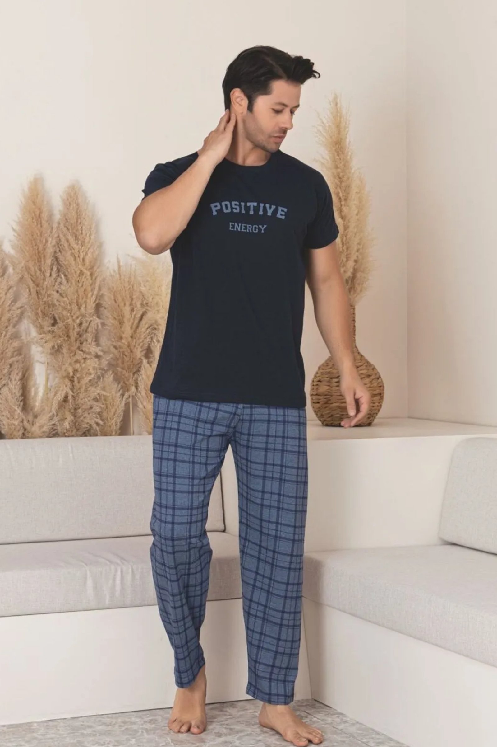 Dreamy Pamuklu Ekose Kareli Kısa Kollu Örme Erkek Pijama Takımı - Lacivert