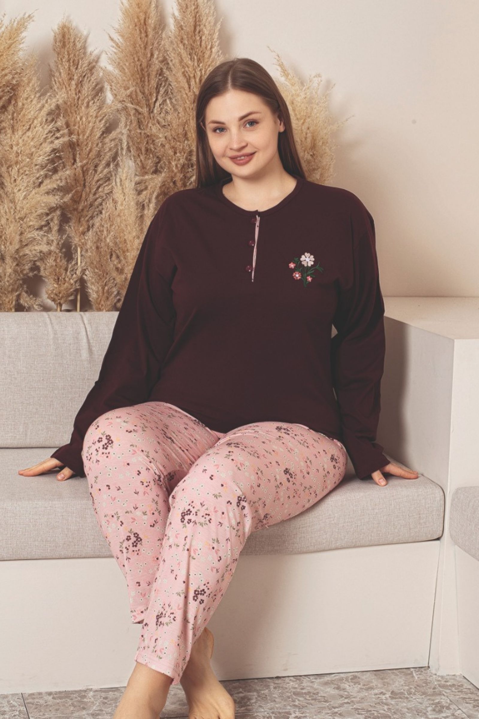 X-Dreamy Büyük Beden Pamuklu Düğmeli Yaka Uzun Kollu Penye Pijama Takımı - Bordo