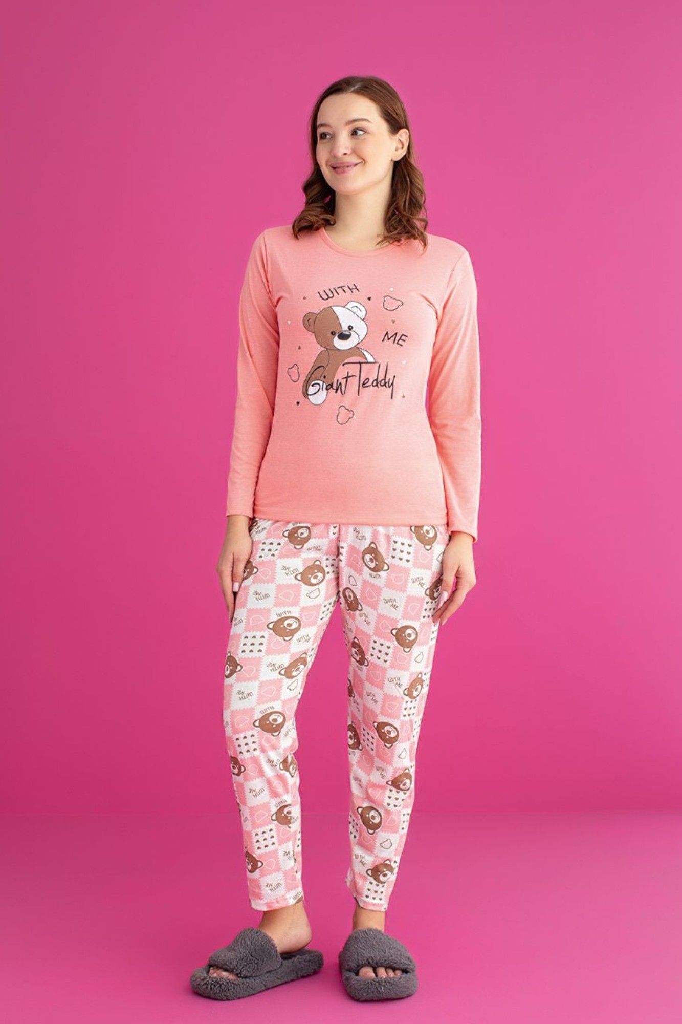 Dreamy Pamuklu Desenli Uzun Kollu Kadın Pijama Takımı - Somon