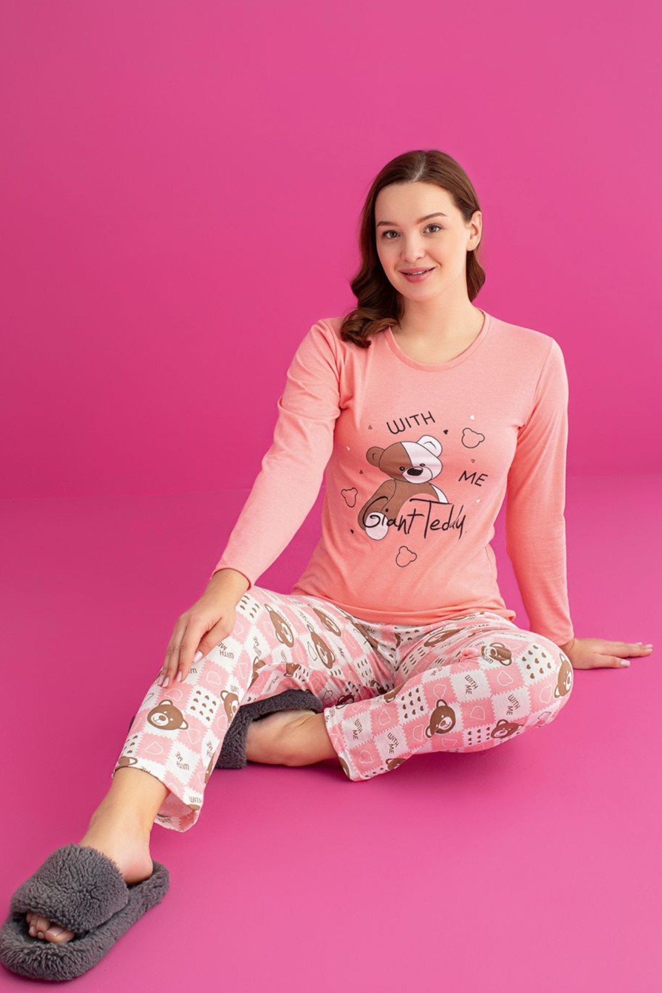 Dreamy Pamuklu Desenli Uzun Kollu Kadın Pijama Takımı - Somon