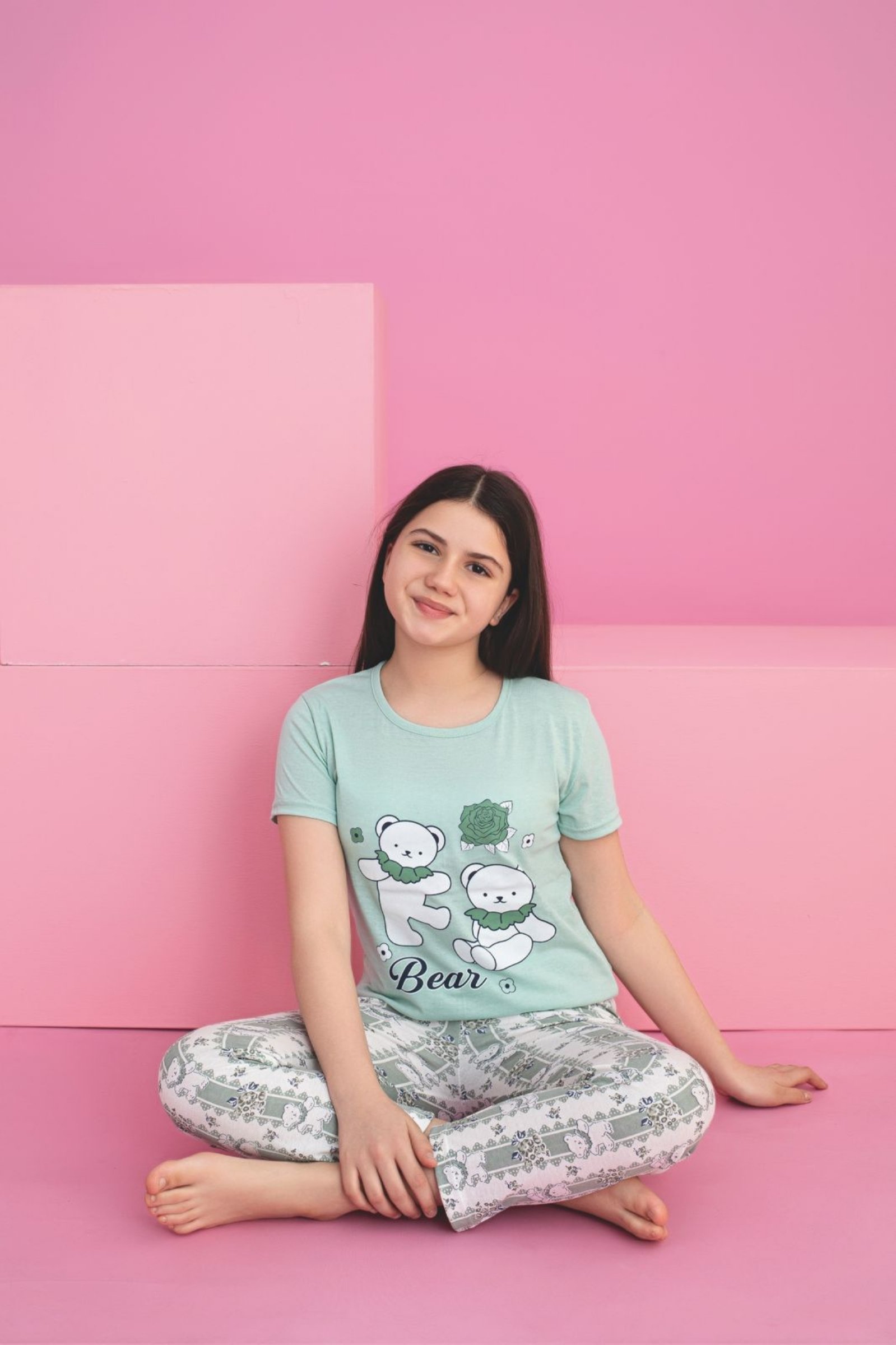 Faryakids Pamuklu Kısa Kollu Kedi Desenli Kız Çocuk Pijama Takımı - Mint