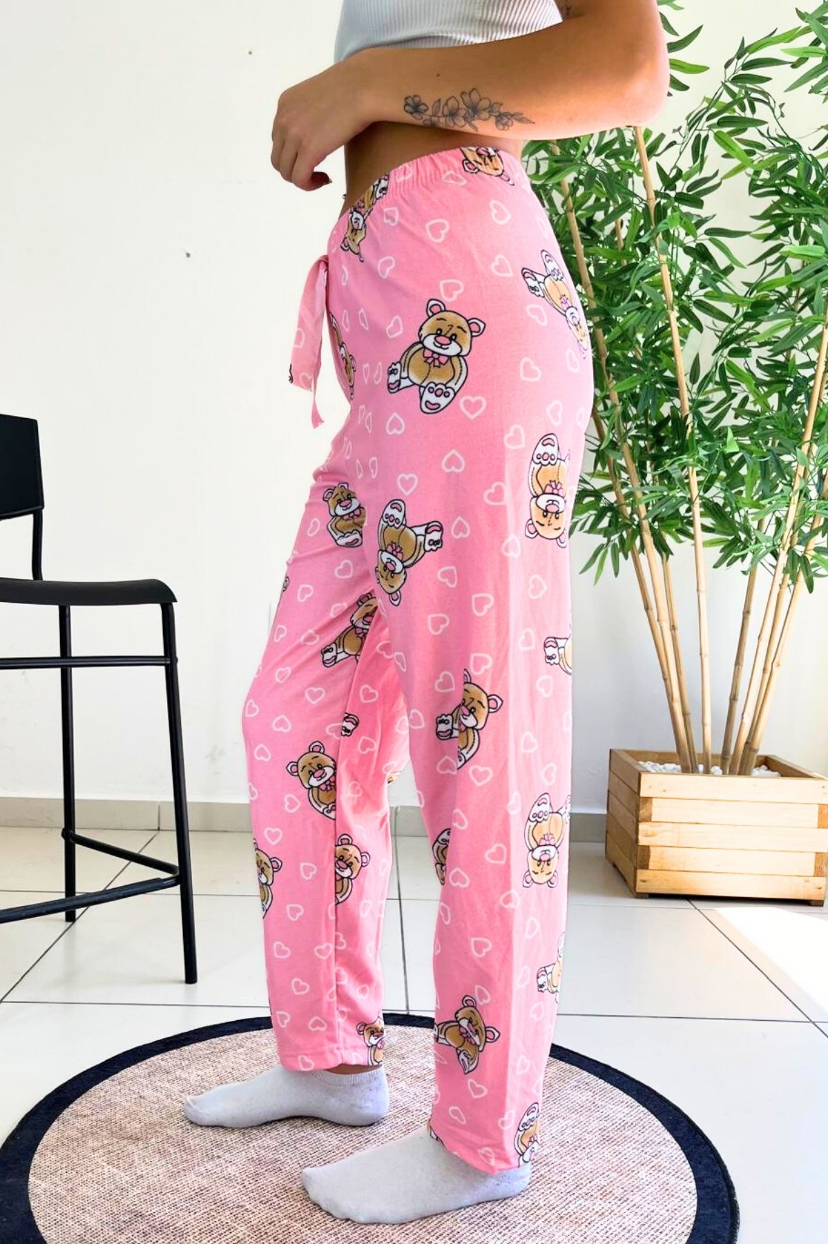 Dreamy Soft Kadife Dokulu Ayıcık Desenli Süet Pijama Altı Pantolon - Pembe