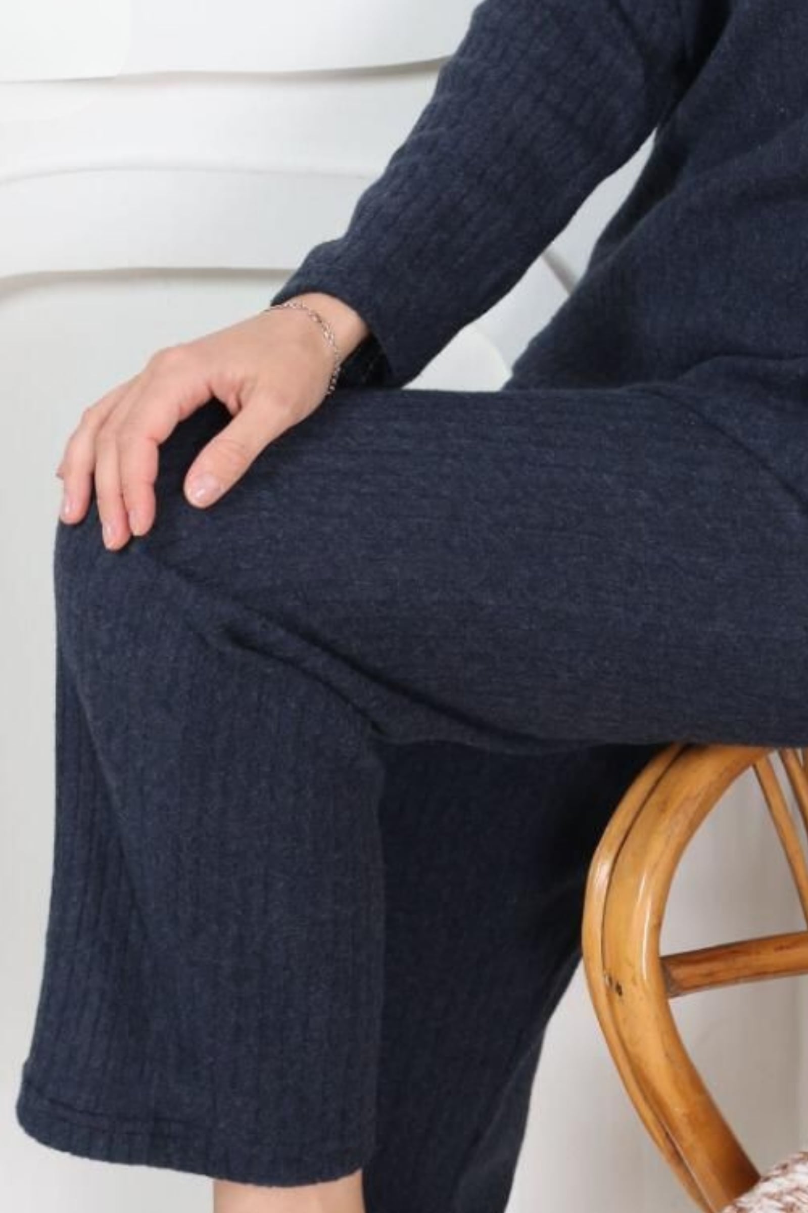 Pamuklu Kalın Kışlık İnterlok Şeritli Uzun Kollu Örme Pijama Takımı - Lacivert