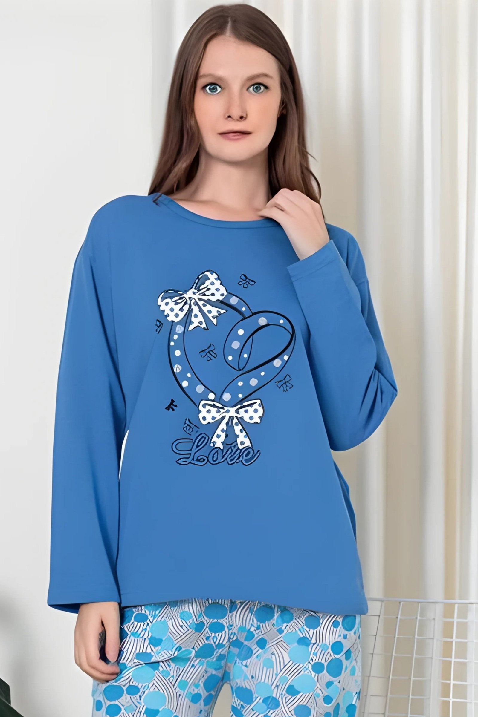 Dreamy Pamuklu Desenli 2 İplik Uzun Kollu Pijama Takımı - Mavi - Gri