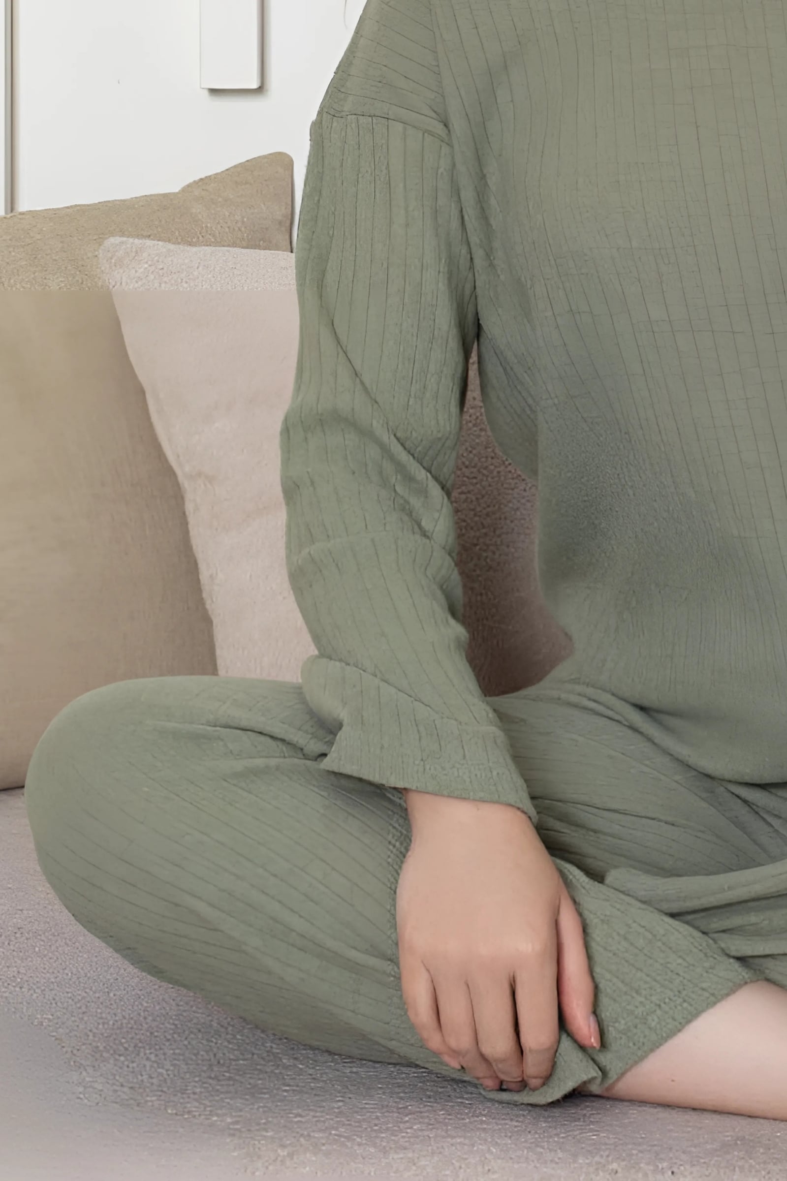 Pamuklu Kalın Kışlık İnterlok Şeritli Uzun Kollu Örme Pijama Takımı - Haki