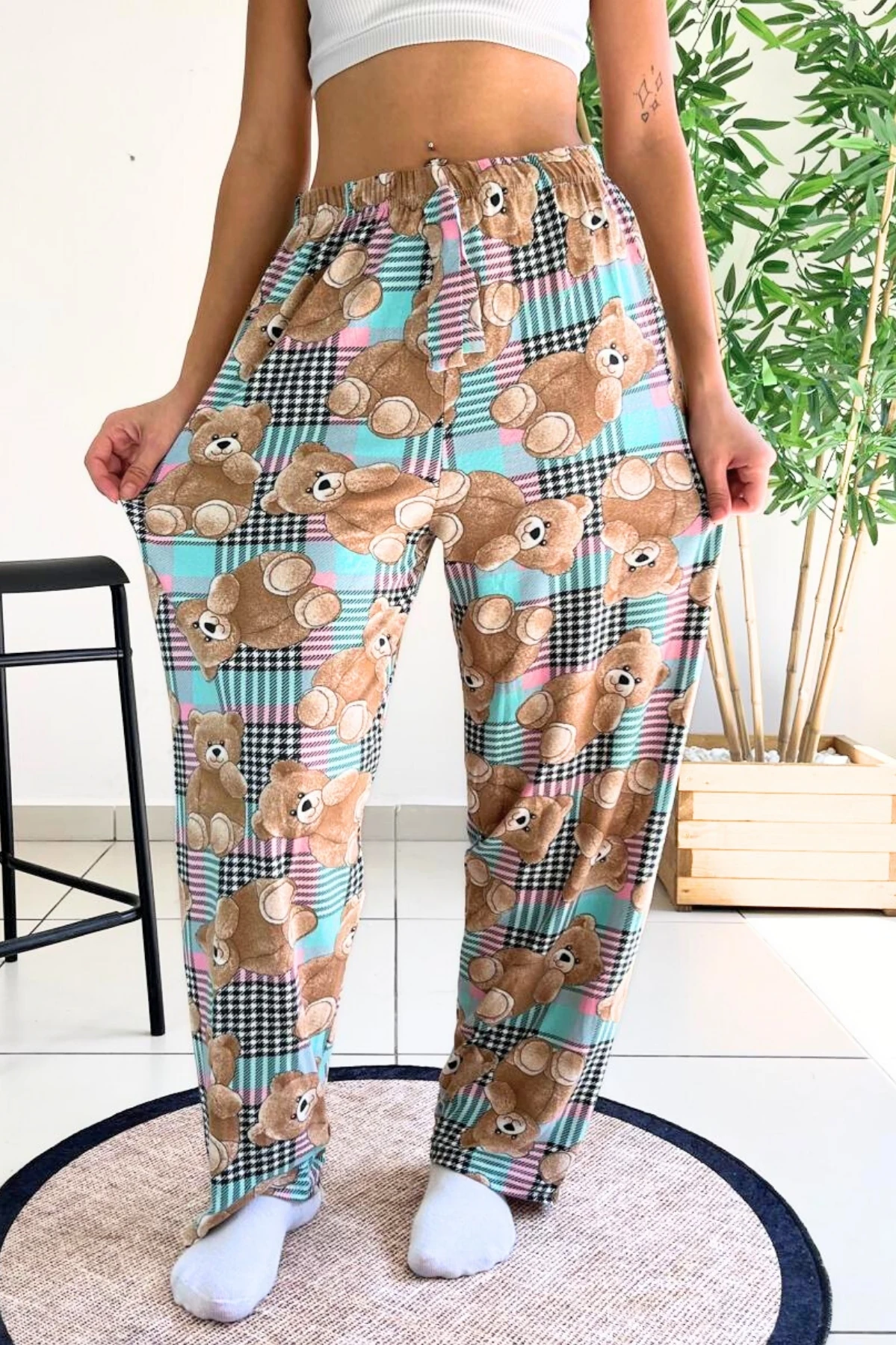 X-Dreamy Büyük Beden Kadife Dokulu Desenli Süet Pijama Altı Pantolon - Mavi