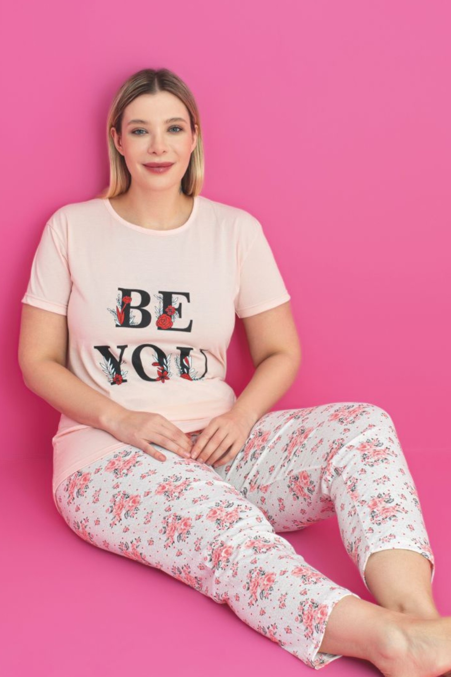 X-Dreamy Büyük Beden Pamuklu Desenli Kısa Kollu Pijama Takımı - Somon