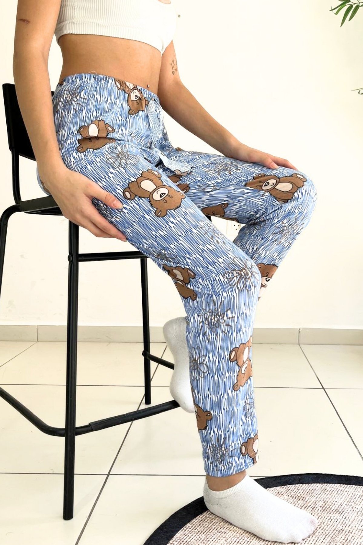 Dreamy Soft Kadife Dokulu Ayıcık Desenli Süet Pijama Altı Pantolon - Mavi