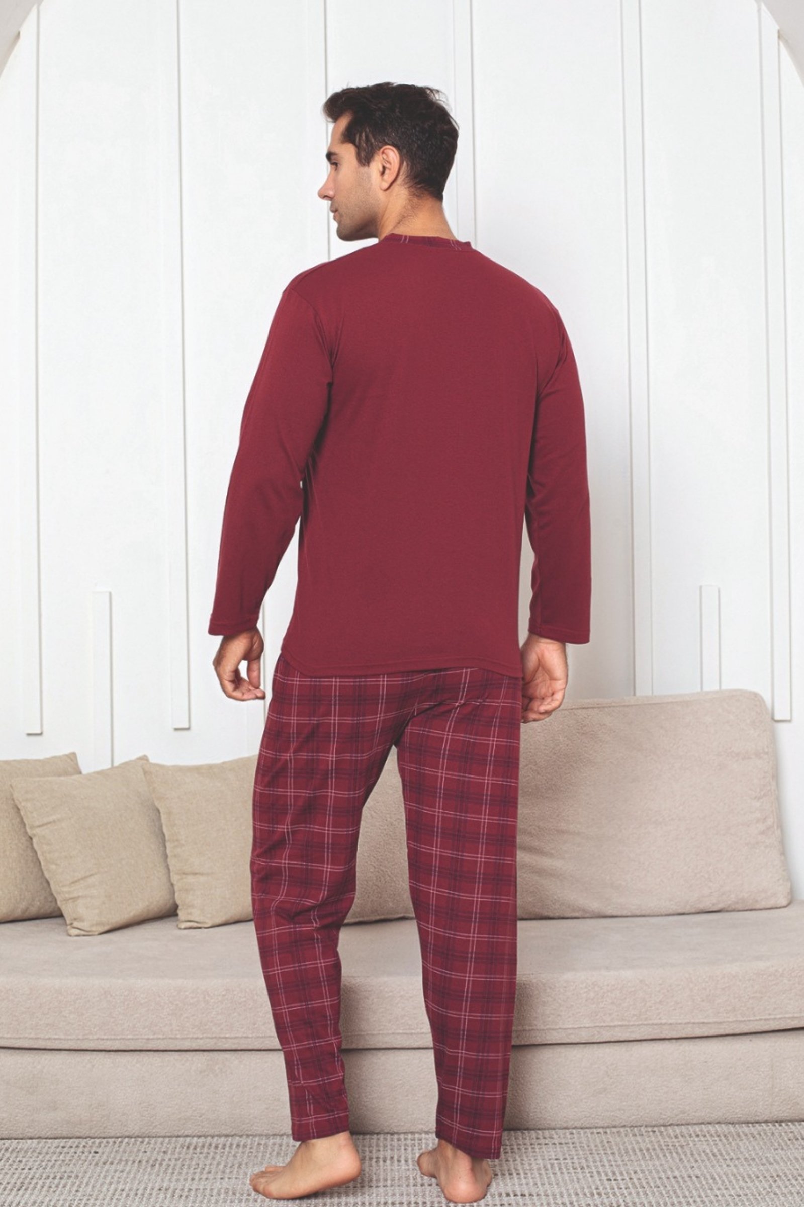Dreamy Pamuklu Ekose Kareli Uzun Kollu Düğmeli Yaka Erkek Pijama Takımı - Bordo