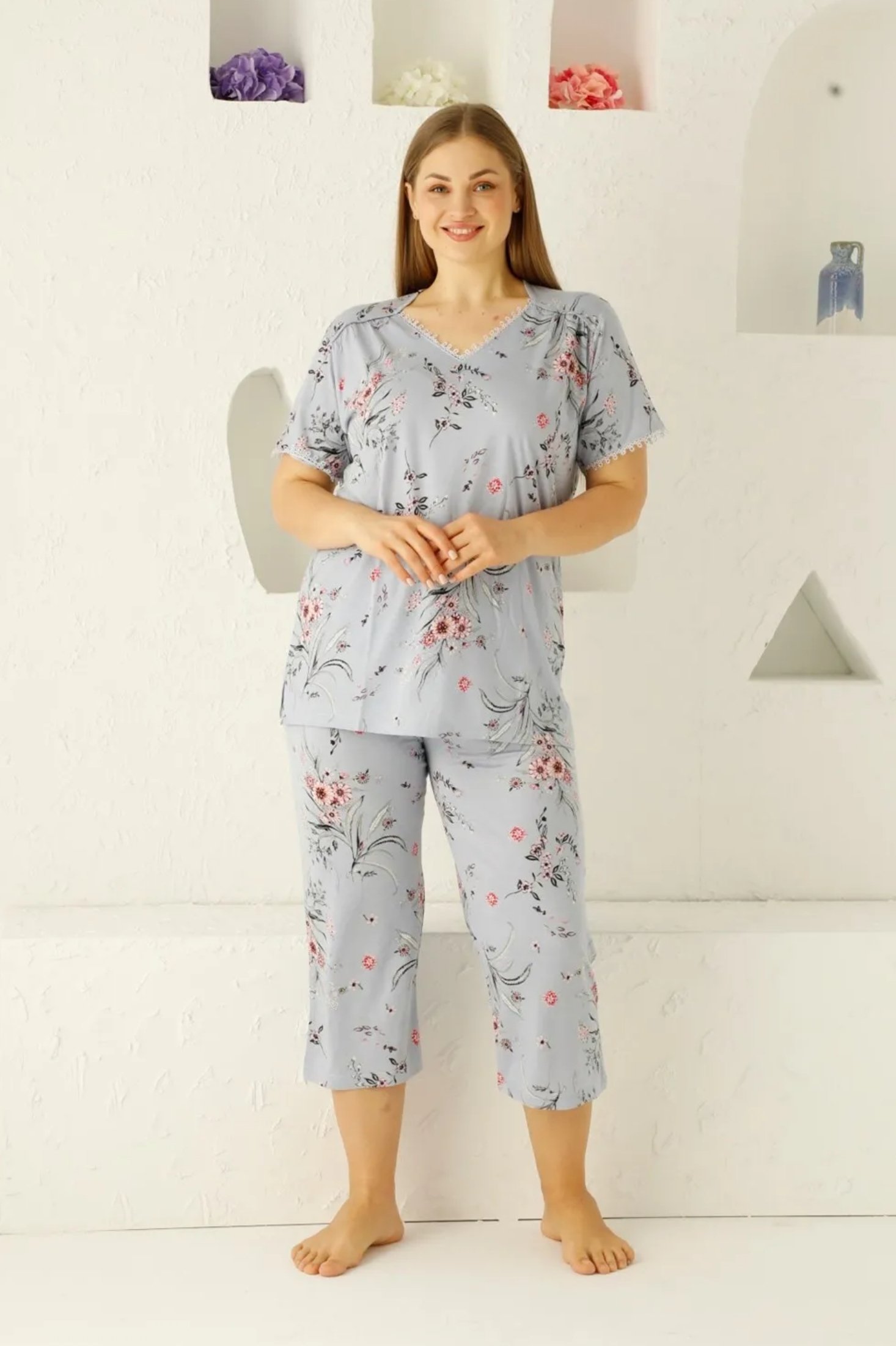 X-Dreamy Büyük Beden Likralı Dantelli Çiçekli Bermuda Kapri Takım