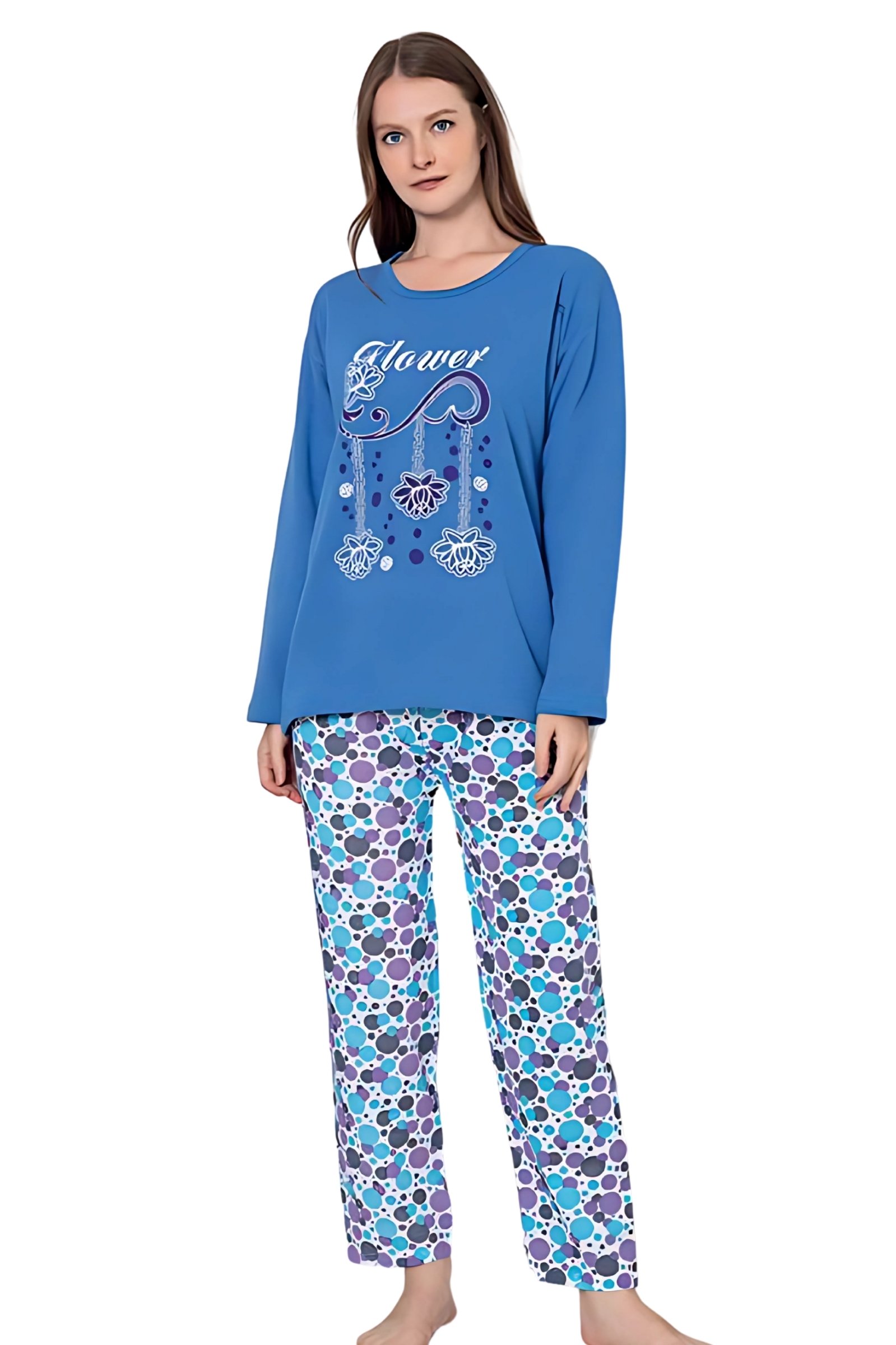 Dreamy Pamuklu Desenli 2 İplik Uzun Kollu Pijama Takımı - Mavi