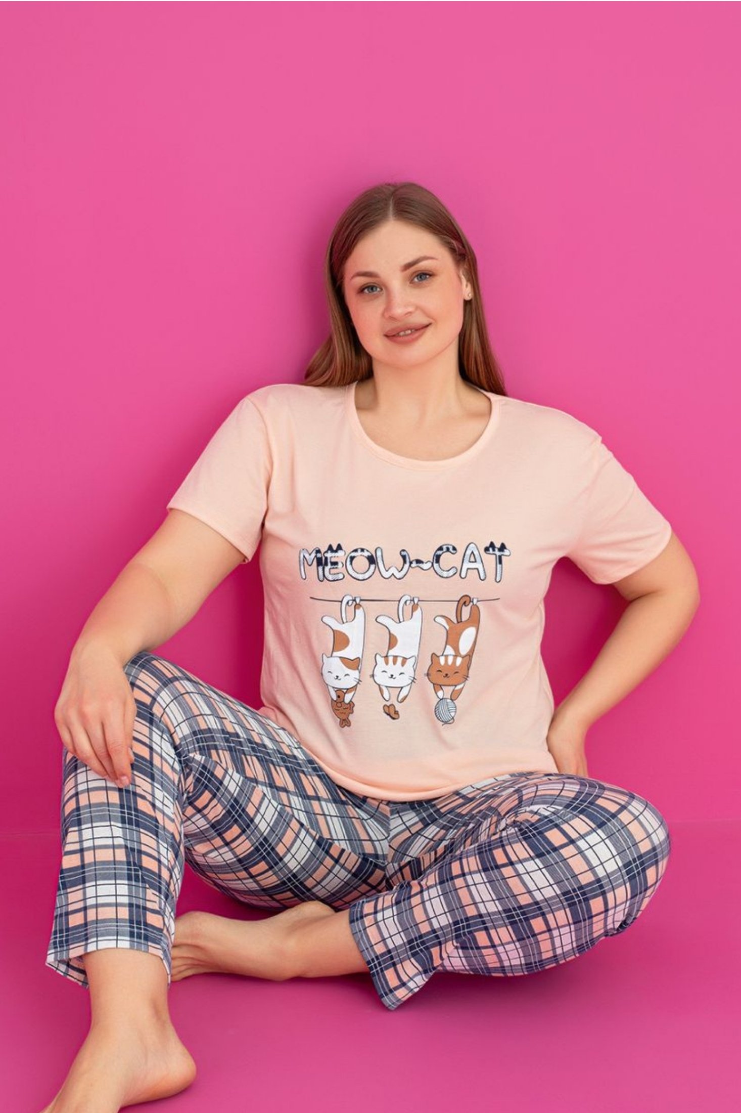 X-Dreamy Büyük Beden Pamuklu Desenli Kısa Kollu Pijama Takımı - Somon