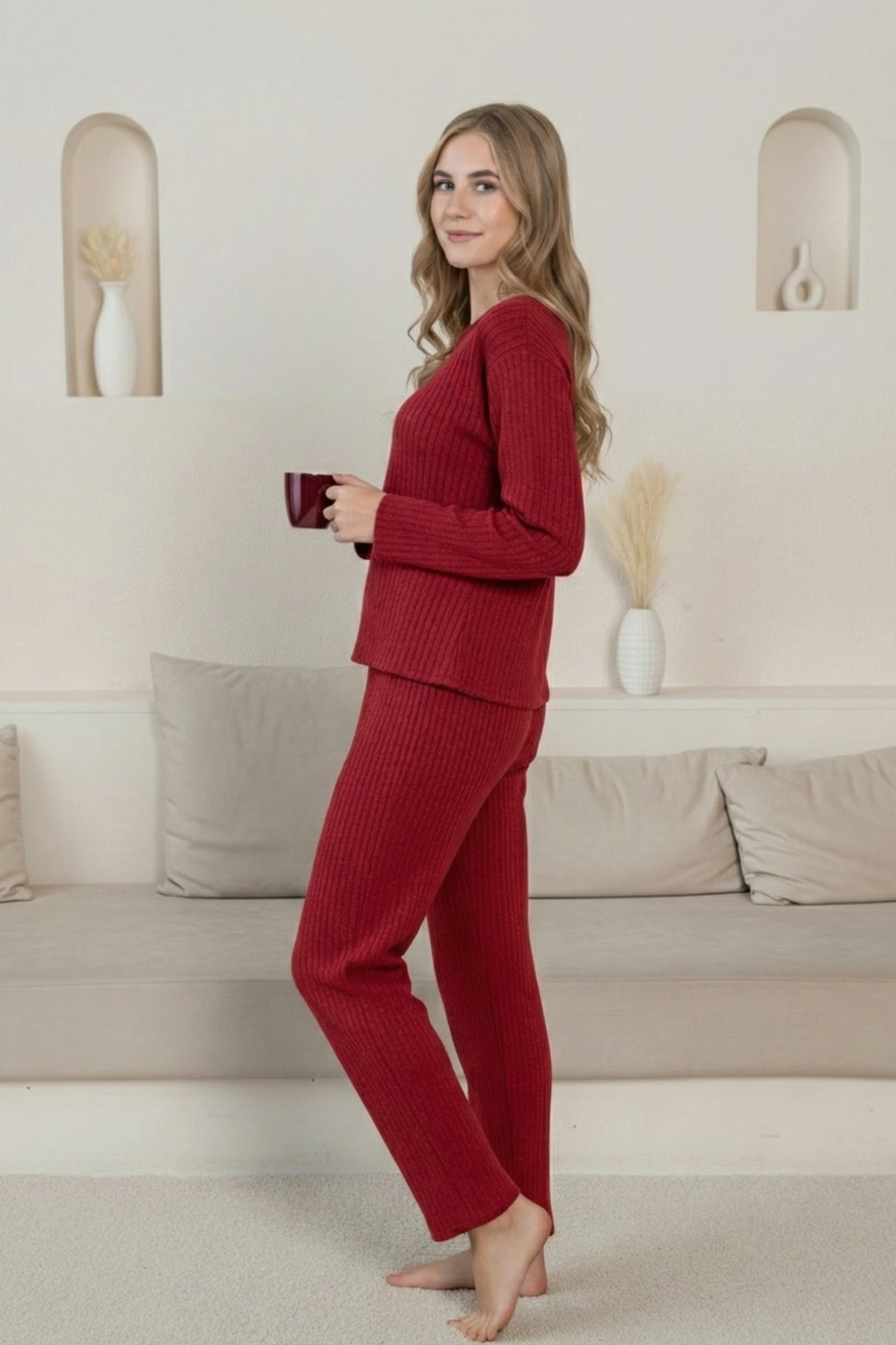 Kalın Kışlık İnterlok Şeritli Uzun Kollu Örme Pijama Takımı - Bordo