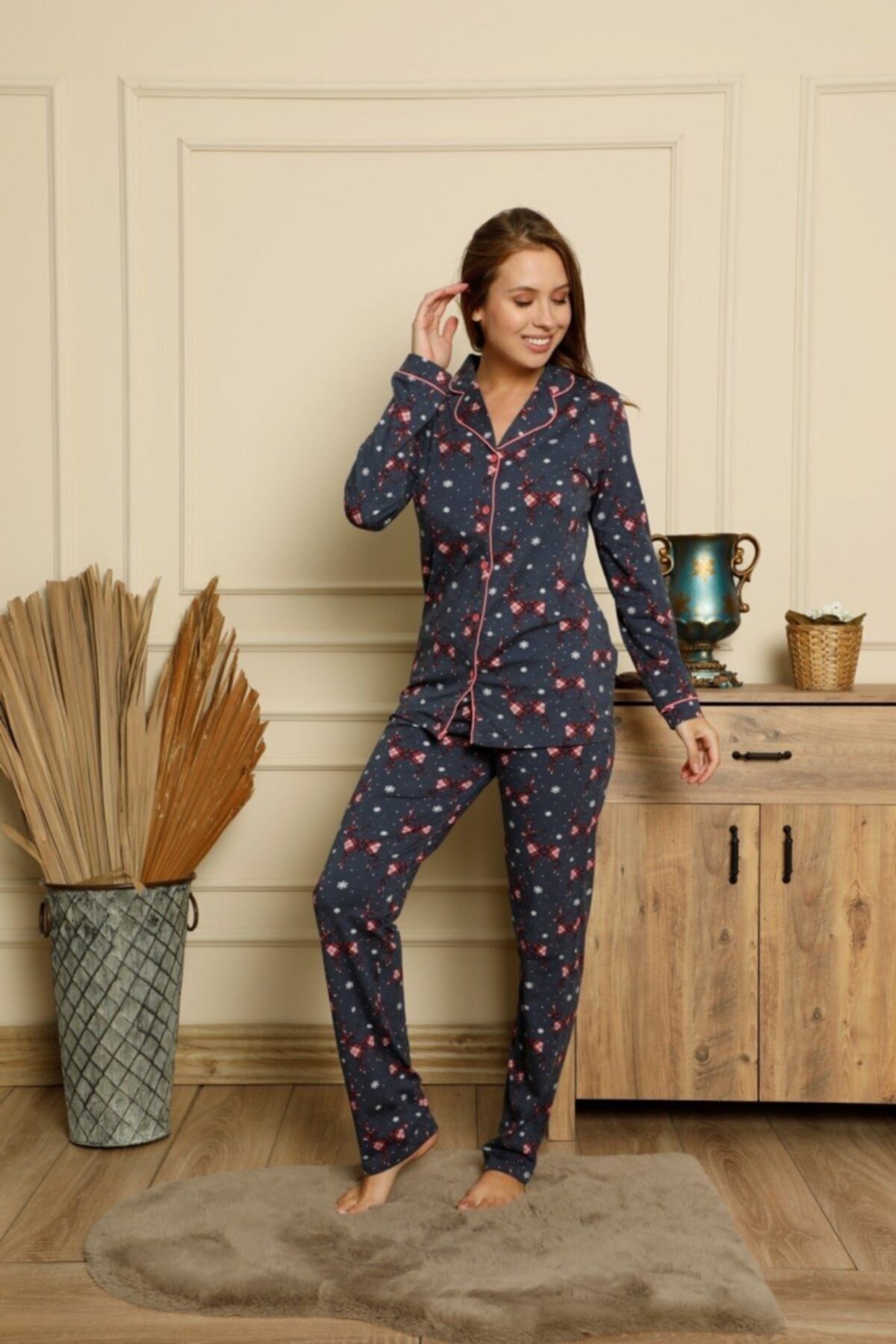 Dreamy Pamuklu Likralı Yılbaşı Geyik Desenli Gömlek Pijama Takımı