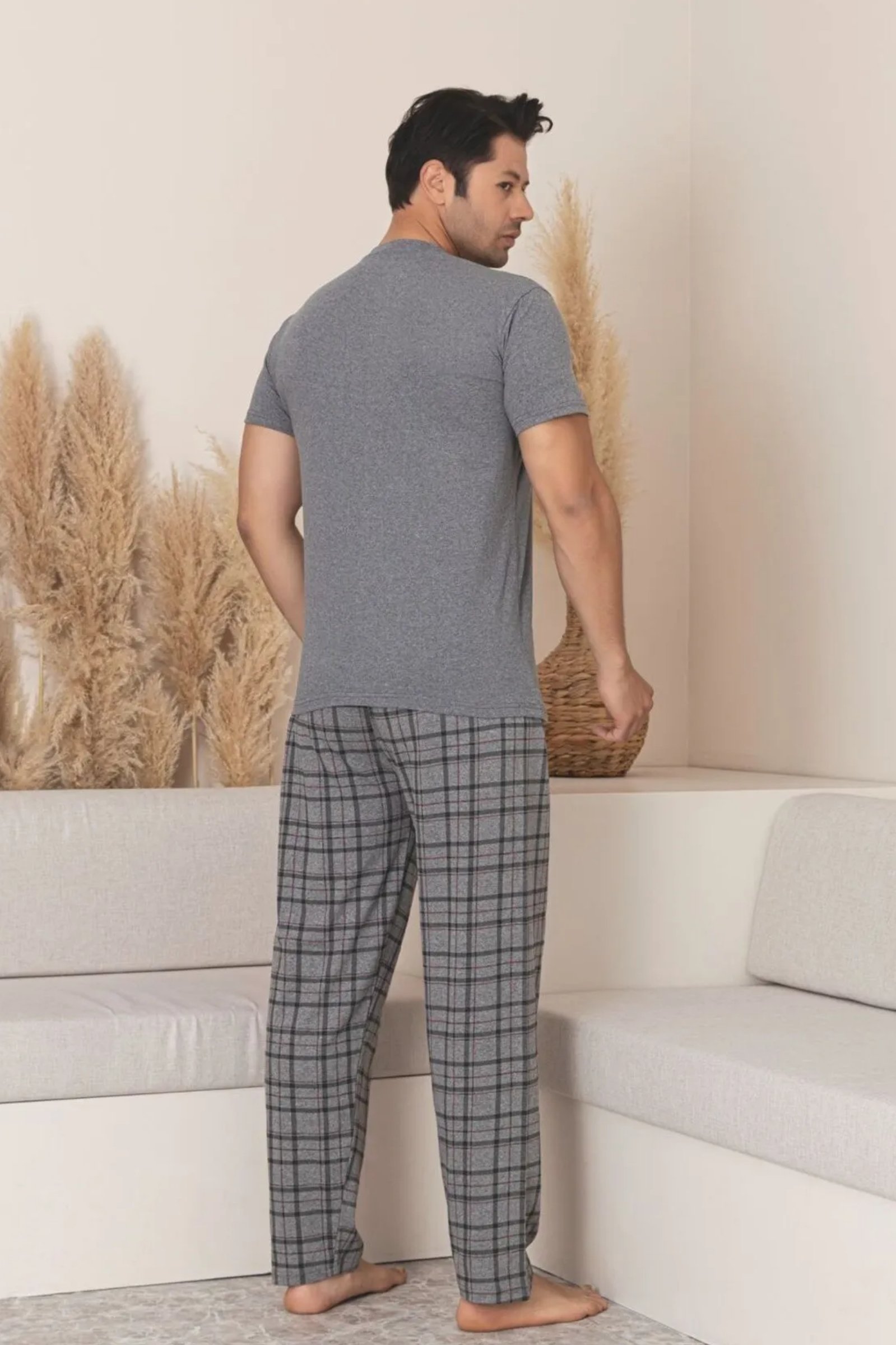 Dreamy Pamuklu Ekose Kareli Kısa Kollu Örme Erkek Pijama Takımı - FÜME