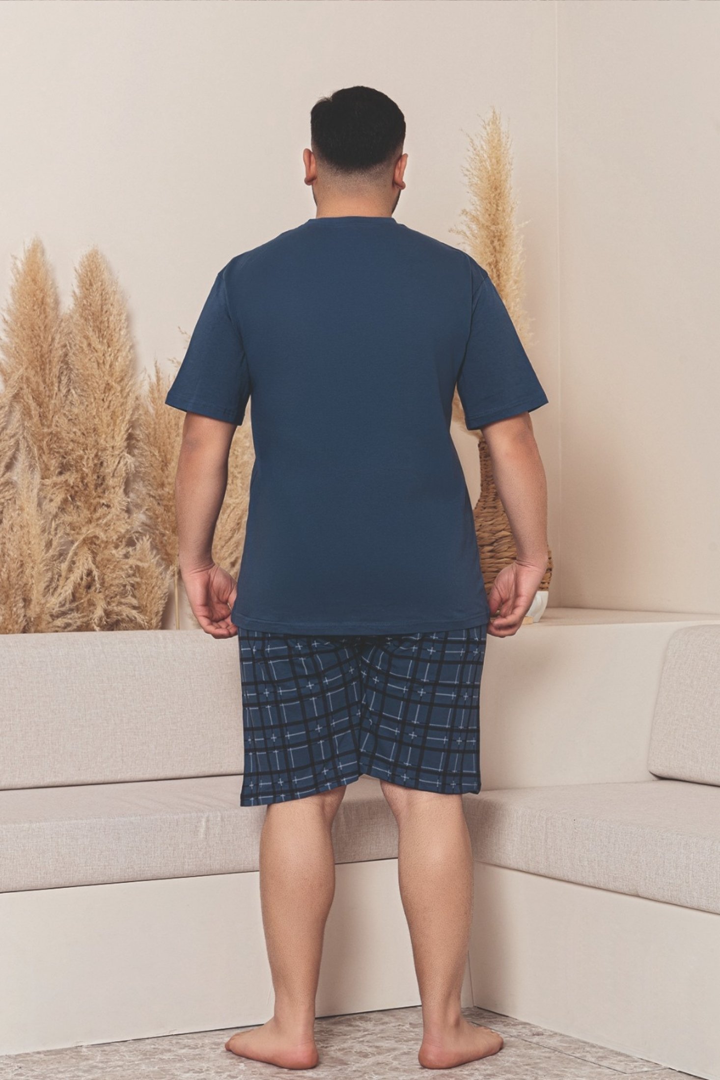 Büyük Beden Pamuklu Cepli Kısa Kollu Şortlu Erkek Pijama Takımı - Lacivert