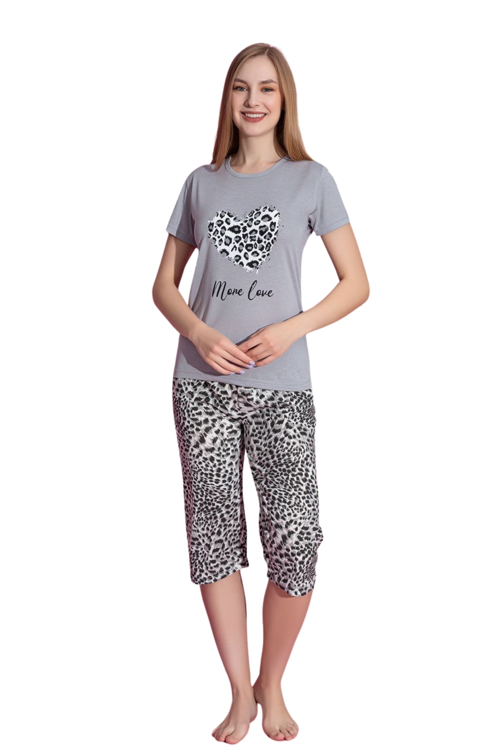 Dreamy Pamuklu Desenli Kısa Kollu Bermuda Kapri Takım - Leopar