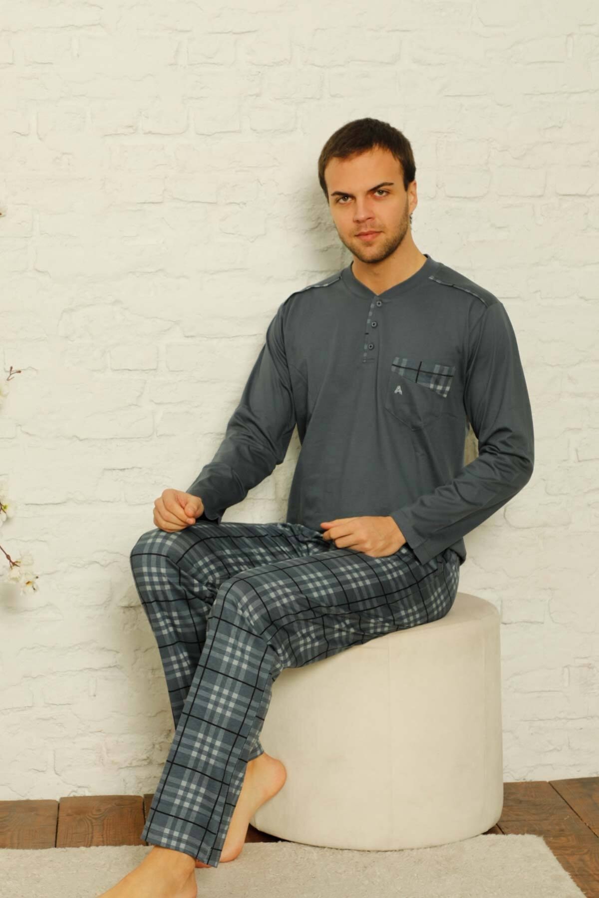 Dreamy Ekoseli Pamuklu Düğmeli Yaka Cepli Erkek Pijama Takımı Füme