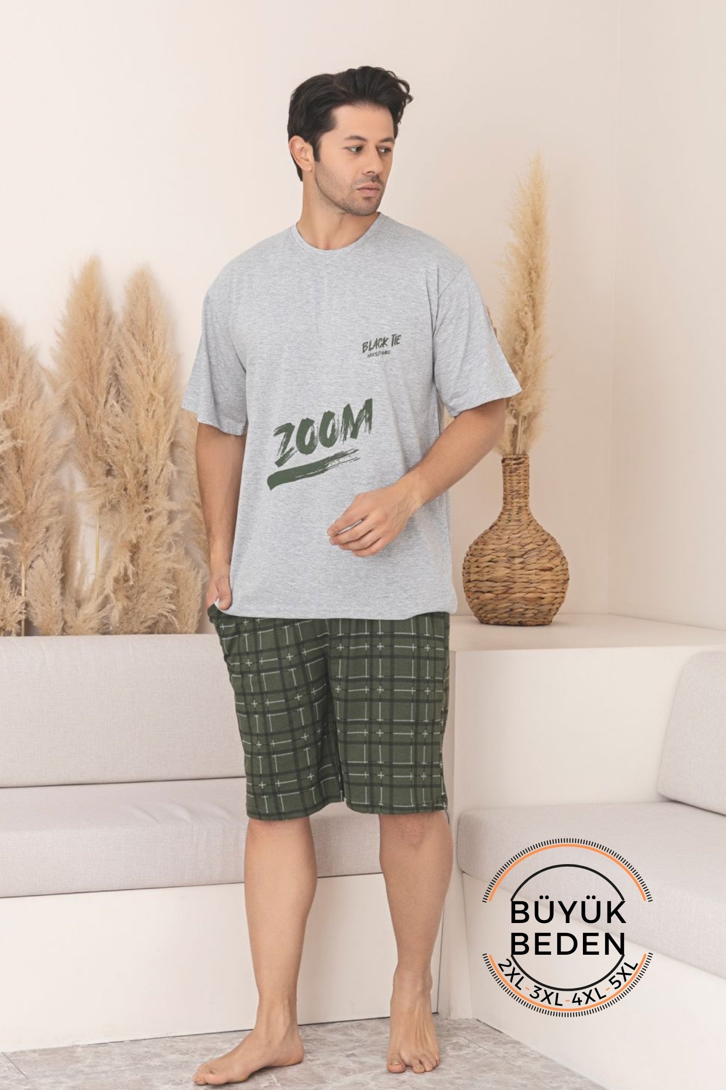 Büyük Beden Pamuklu Cepli Kısa Kollu Şortlu Erkek Pijama Takımı - Gri