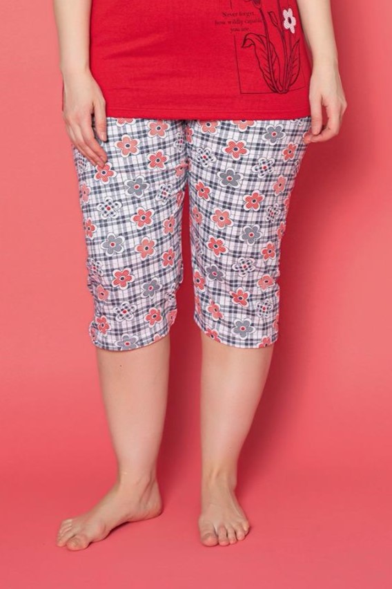 X-Dreamy Büyük Beden Pamuklu Desenli Düğmeli Yaka Kapri Pijama Takımı - Kırmızı