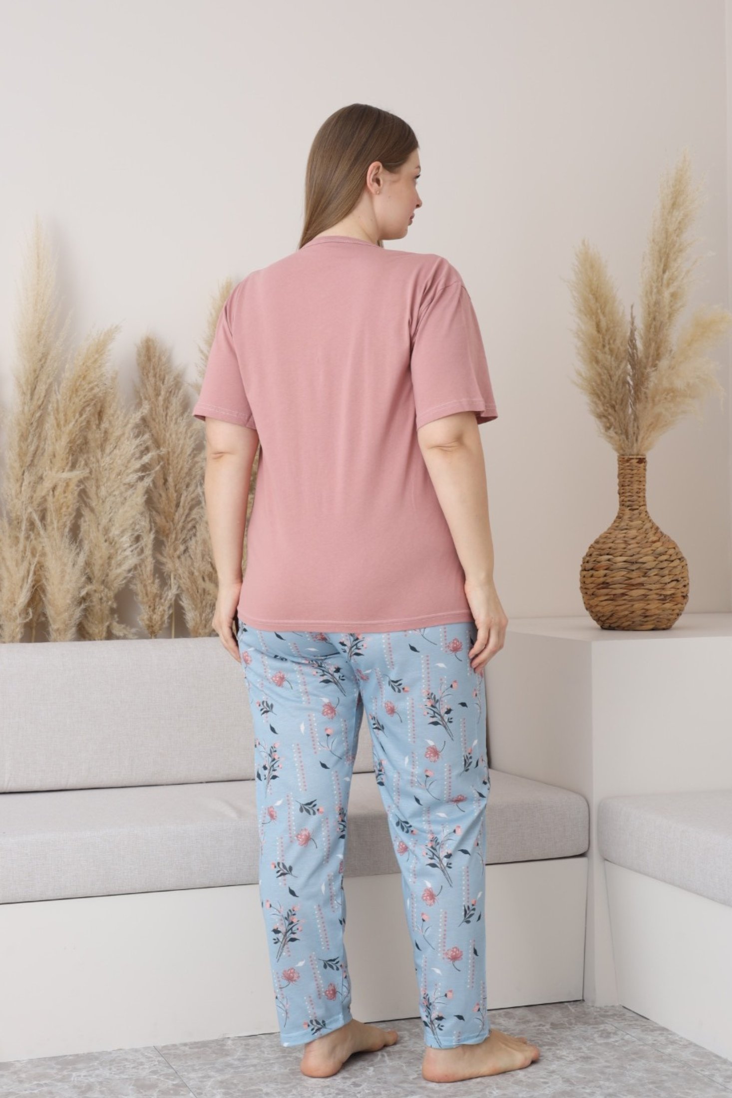 X-Dreamy Büyük Beden Pamuklu Düğmeli Yaka Kısa Kollu Penye Pijama Takımı - Somon