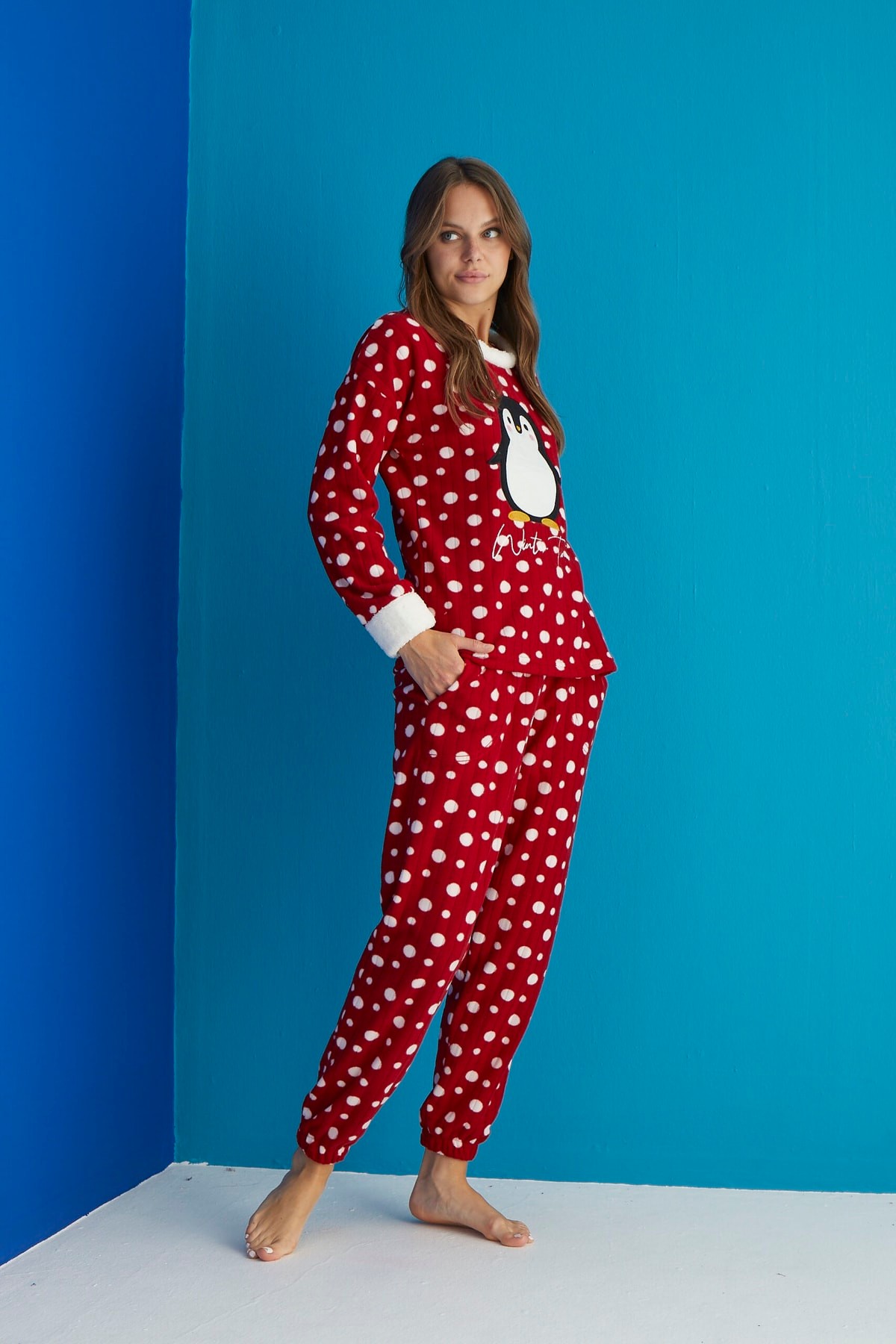 Luxury Soft Penguen Desenli Puantiyeli Fitilli Polar Pijama Takımı