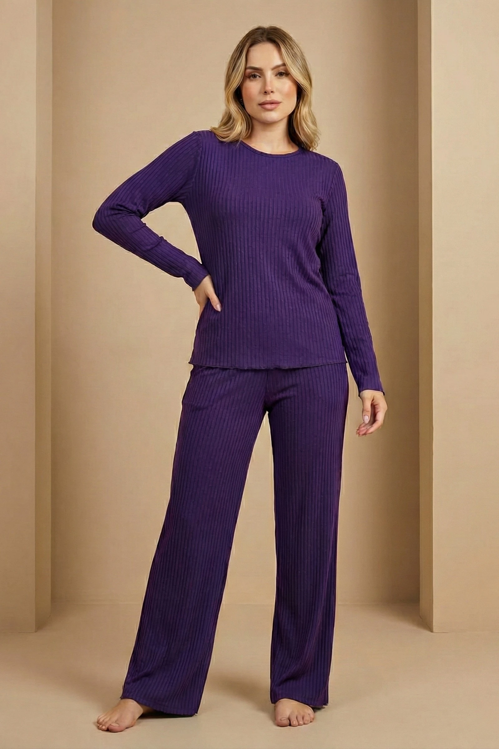 Uzun Kollu Bol Paça Yumuşak Şeritli Örme Kaşkorse Pijama Takımı - Mor