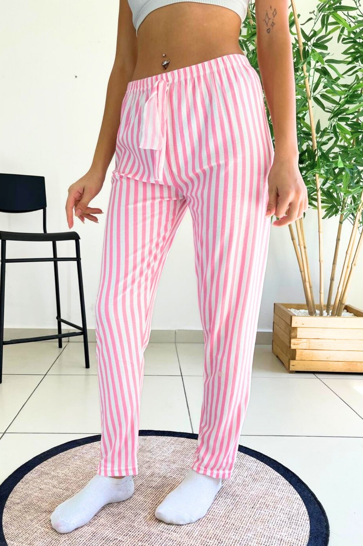 Dreamy Soft Kadife Dokulu Ekose Kareli Süet Pijama Altı Pantolon - Pembe