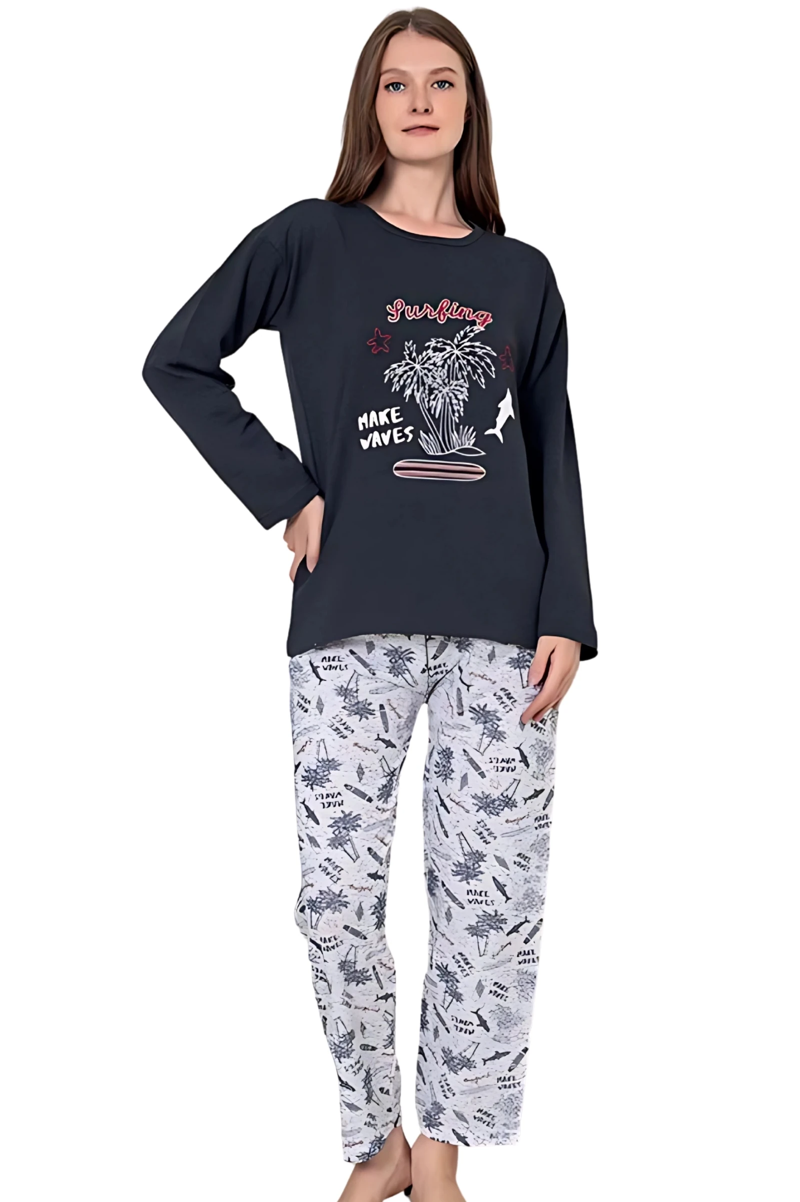 Dreamy Pamuklu Desenli 2 İplik Uzun Kollu Pijama Takımı - FÜME