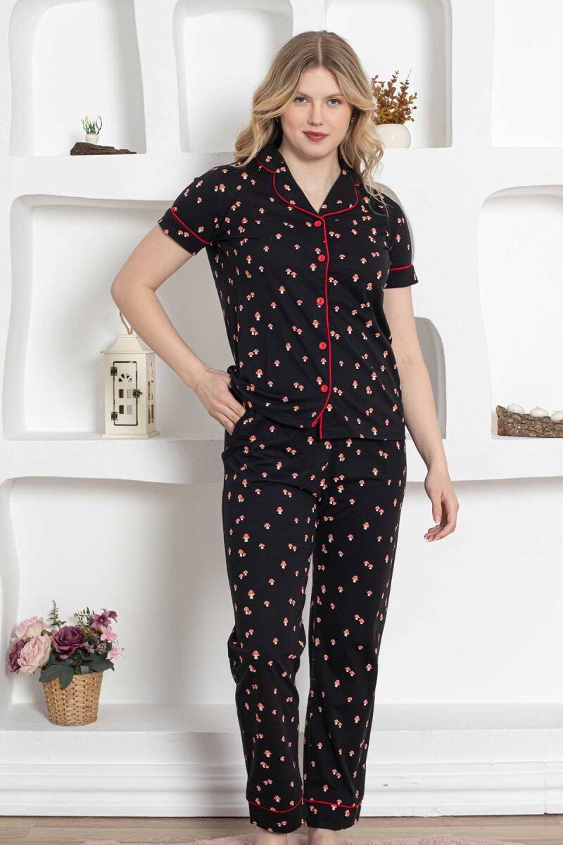 Dreamy Pamuklu Biyeli Mantar Desenli Kısa Kollu Gömlek Pijama Takımı