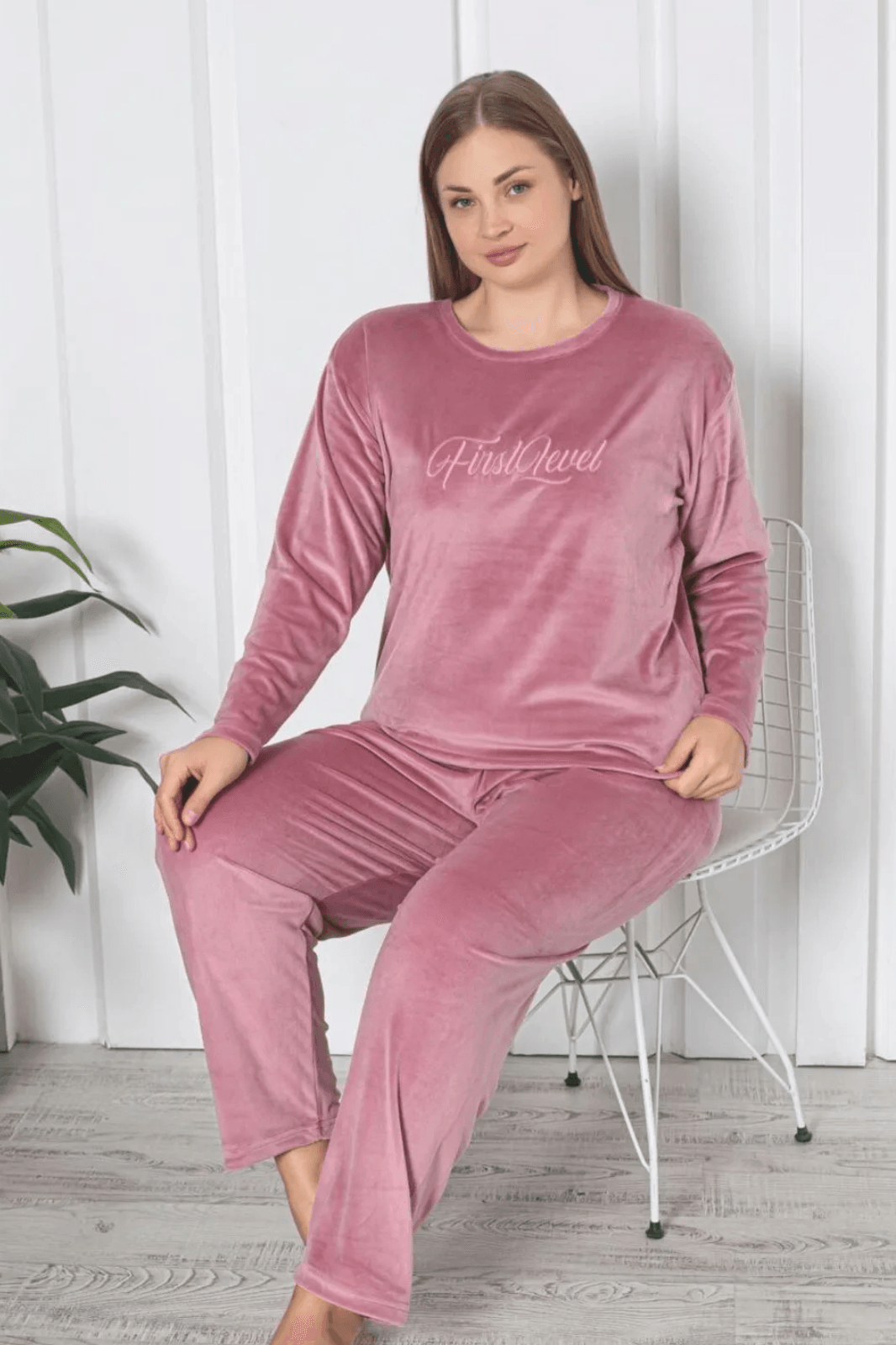 Luxury Velvet Büyük Beden Fransız Kadife Pijama Takımı - Pudra