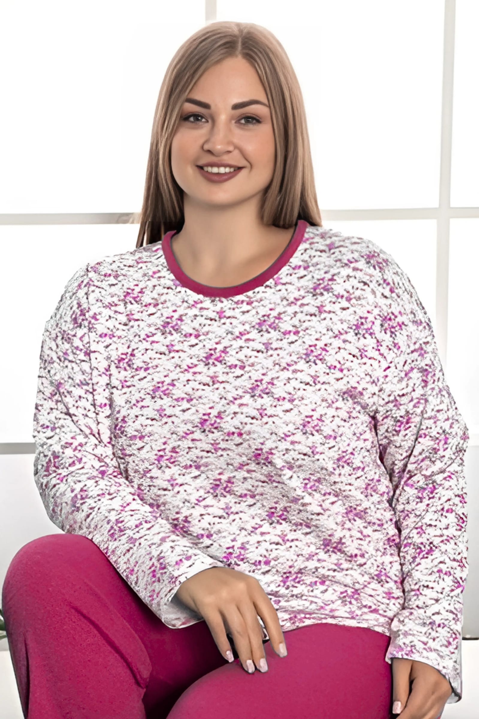 Büyük Beden Pamuklu 2 İplik Şardonlu Kışlık Uzun Kollu Pijama Takımı - Fuşya