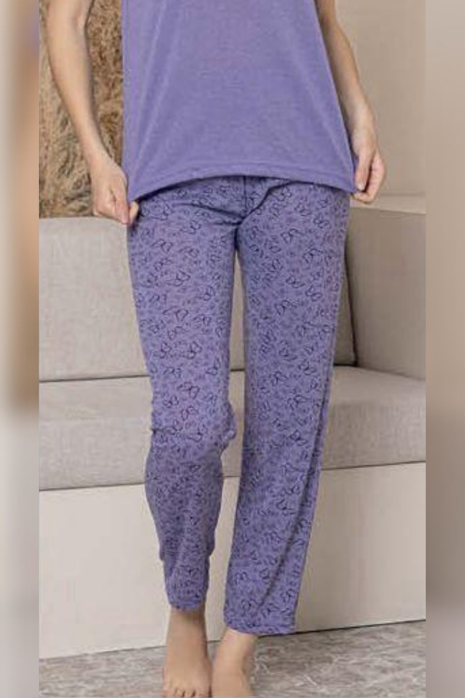 Ecodream Kısa Kollu Desenli Ekonomik Kadın Pijama Takımı - Mor
