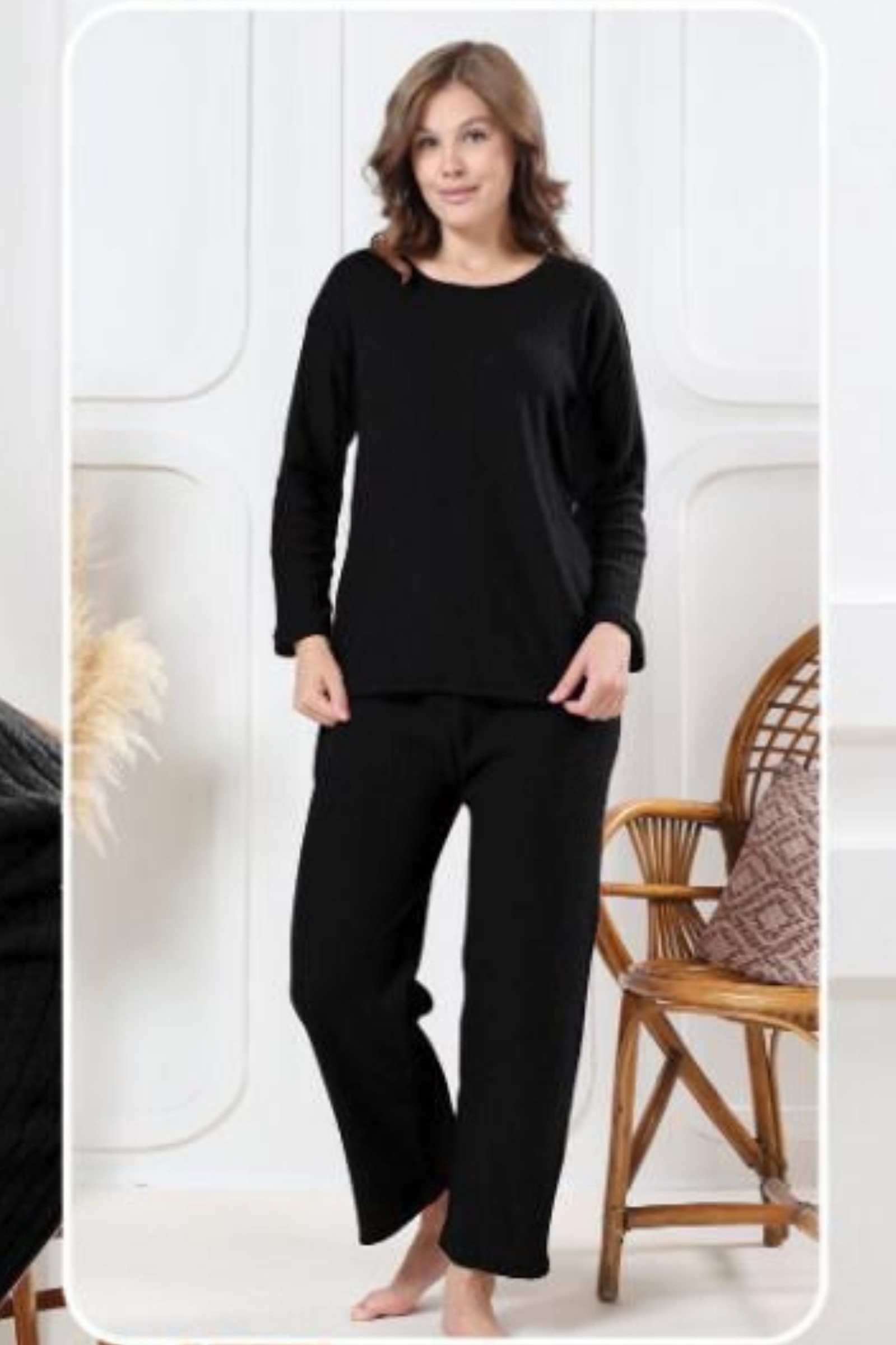 Pamuklu Kalın Kışlık İnterlok Şeritli Uzun Kollu Örme Pijama Takımı - Siyah