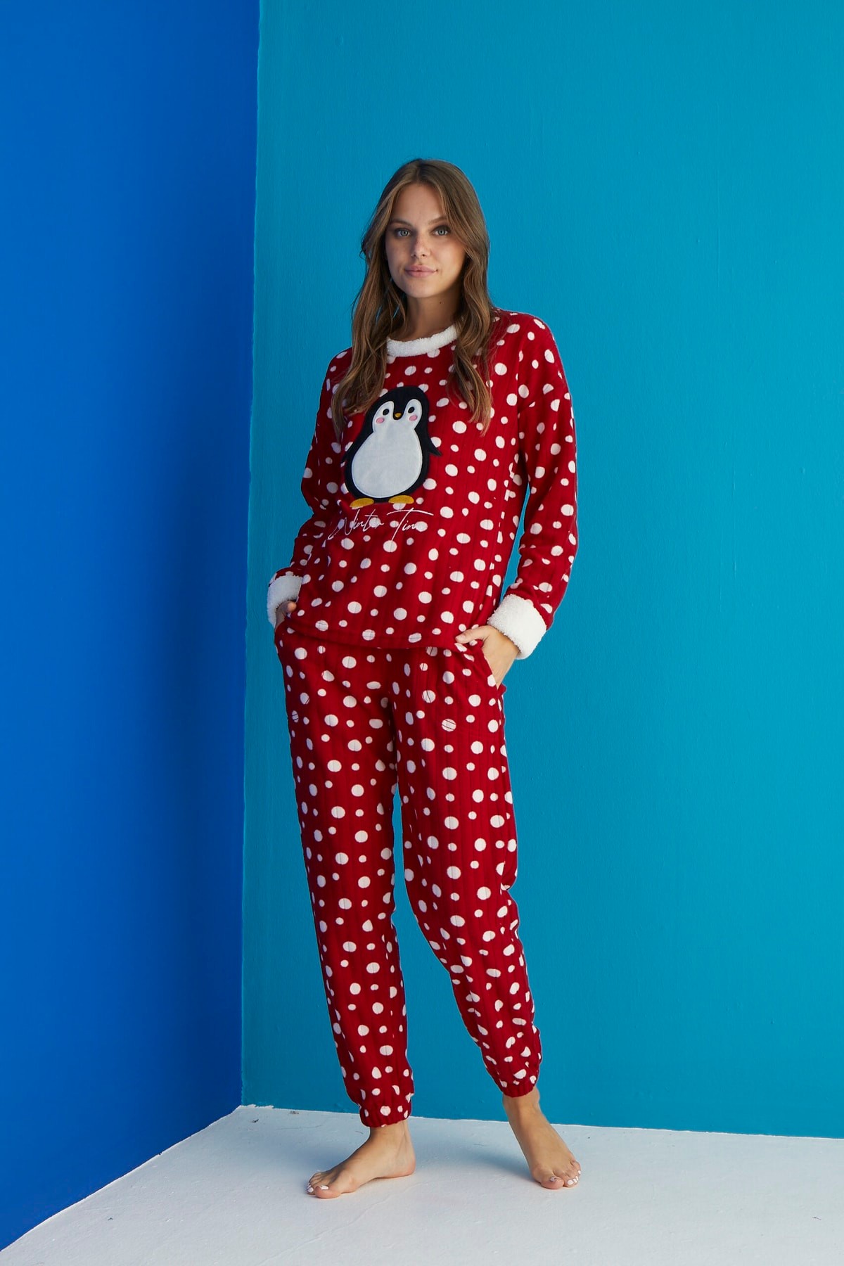 Luxury Soft Penguen Desenli Puantiyeli Fitilli Polar Pijama Takımı