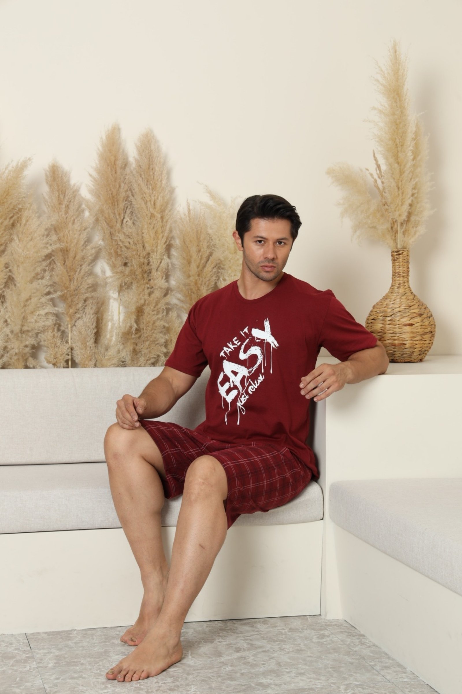 Dreamy Pamuklu Cepli Desenli Kısa Kollu Şortlu Erkek Pijama Takımı - Bordo