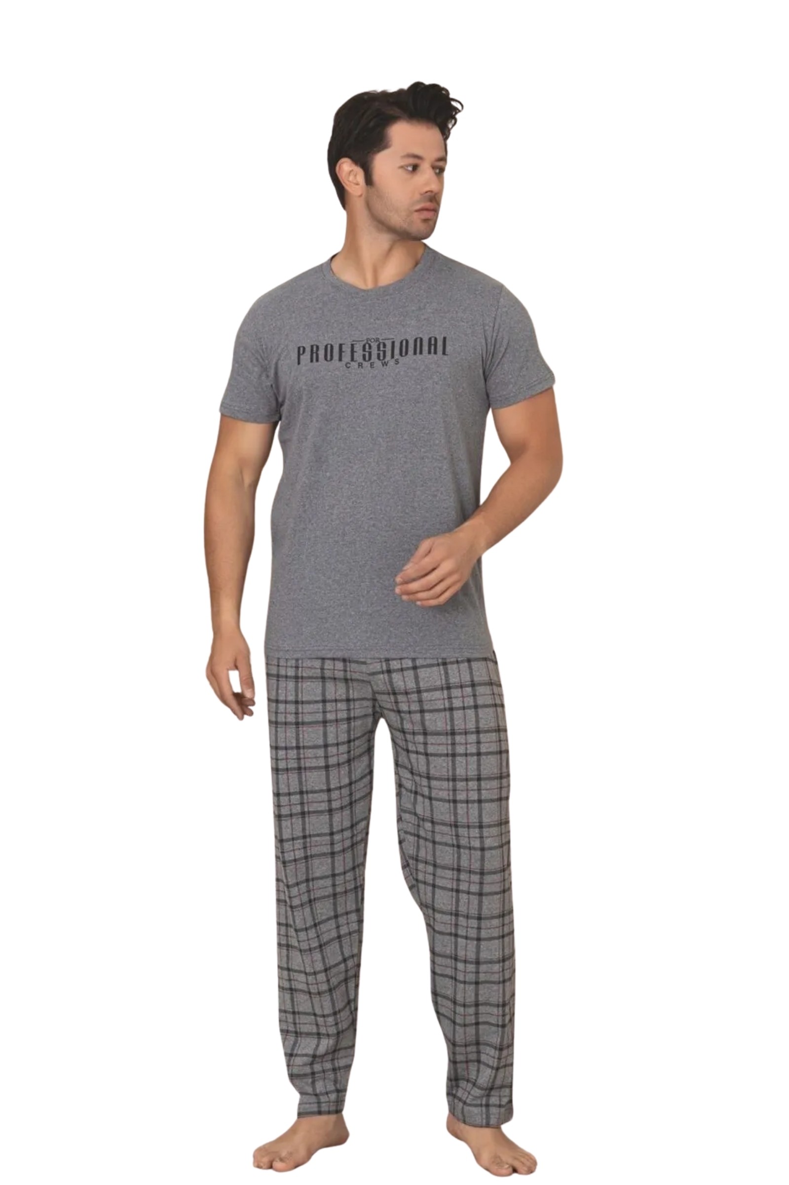 Dreamy Pamuklu Ekose Kareli Kısa Kollu Örme Erkek Pijama Takımı - FÜME