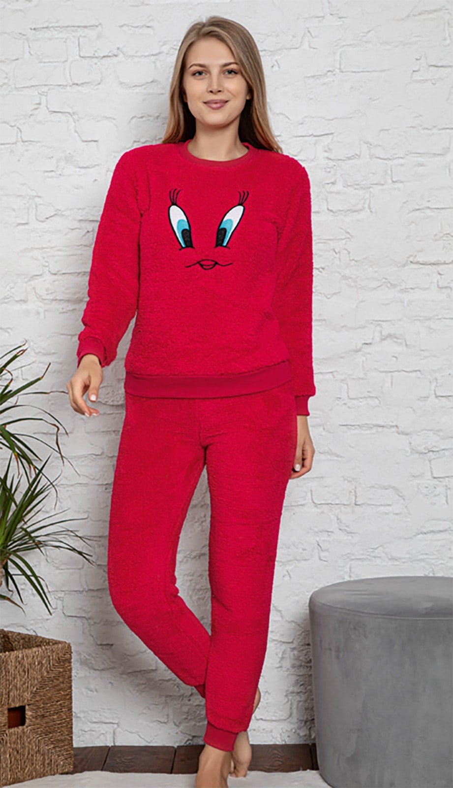 Civciv Desenli Anne Kız Çocuk Kombin Peluş Pijama Takımı (ANNE KIZ AYRI SATILIR.) - Kırmızı