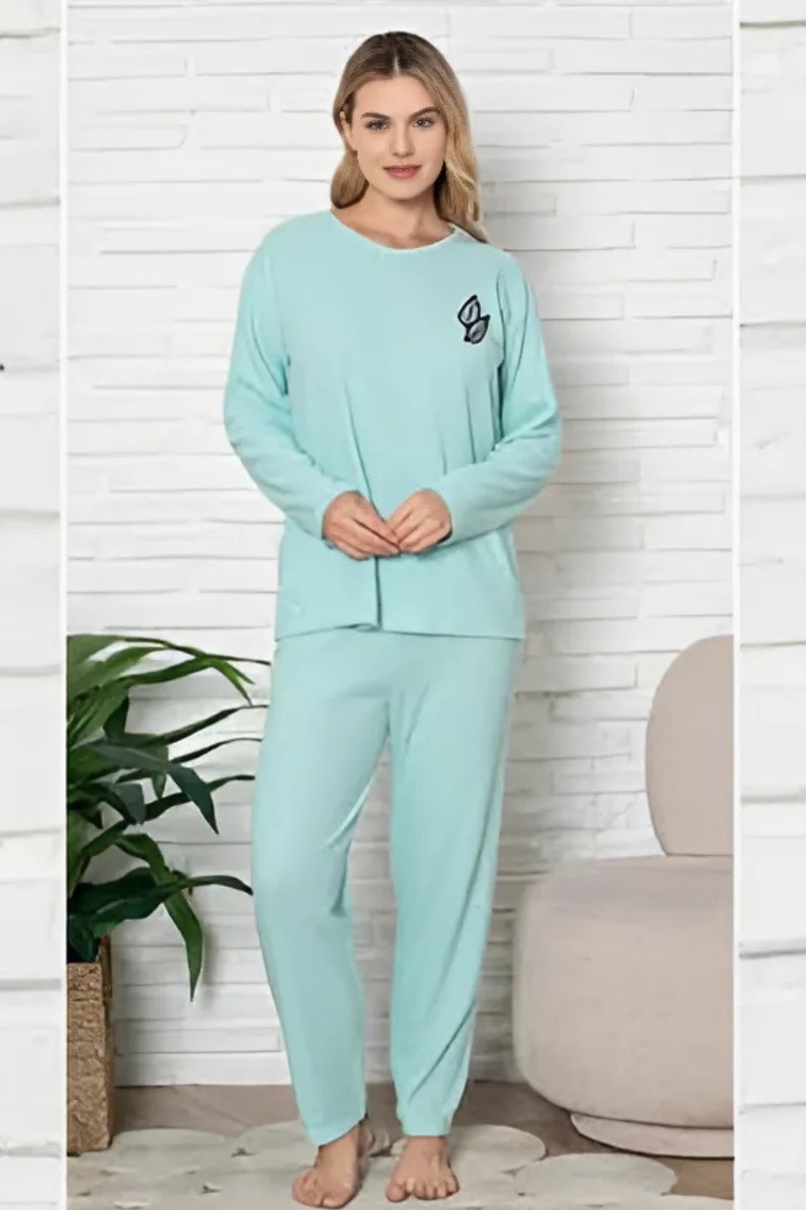 Kalın Kışlık İnterlok Şeritli Uzun Kollu Örme Pijama Takımı