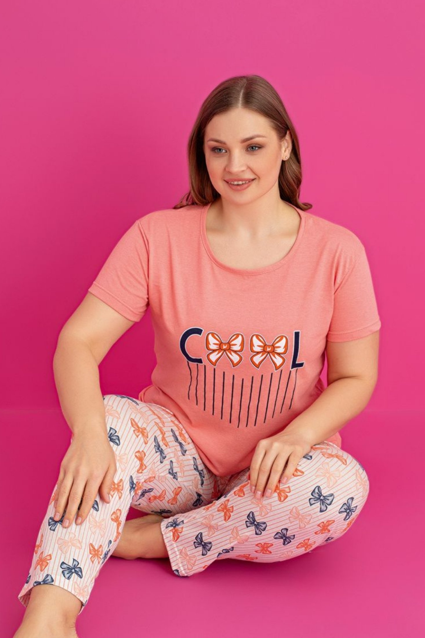 X-Dreamy Büyük Beden Pamuklu Desenli Kısa Kollu Pijama Takımı - Yavruağzı