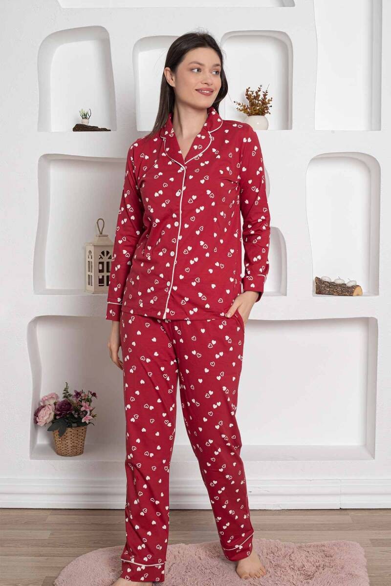 Dreamy Pamuklu Biyeli Kalp Desenli Uzun Kollu Cepli Gömlek Pijama Takımı - Kırmızı