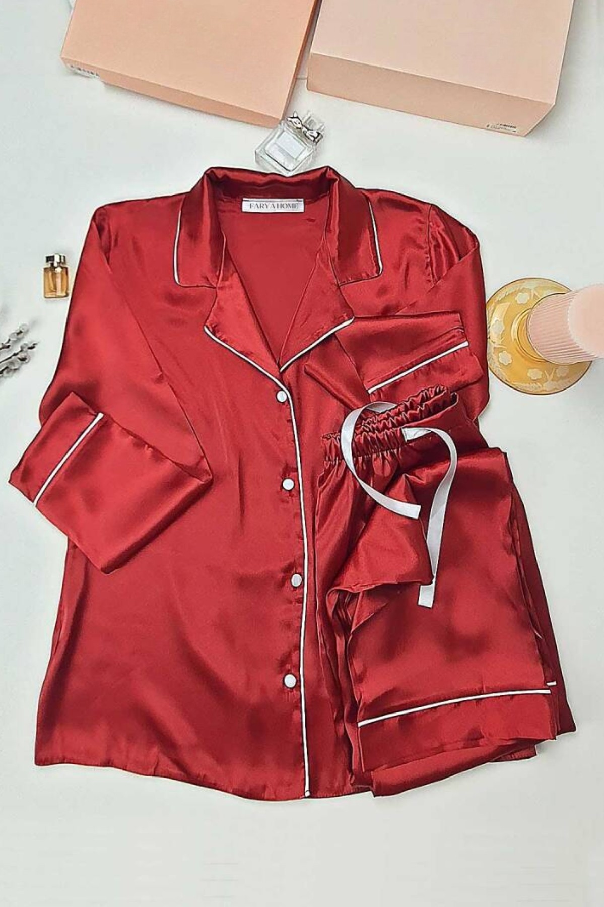 Faryanight İpek Saten Uzun Kollu Biyeli Düğmeli Gömlek Pijama Takımı - Bordo